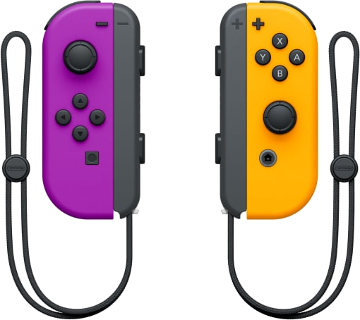 Lila und orange Joy-Con Controller für Nintendo Switch, schwarze Handgelenksschlaufen.