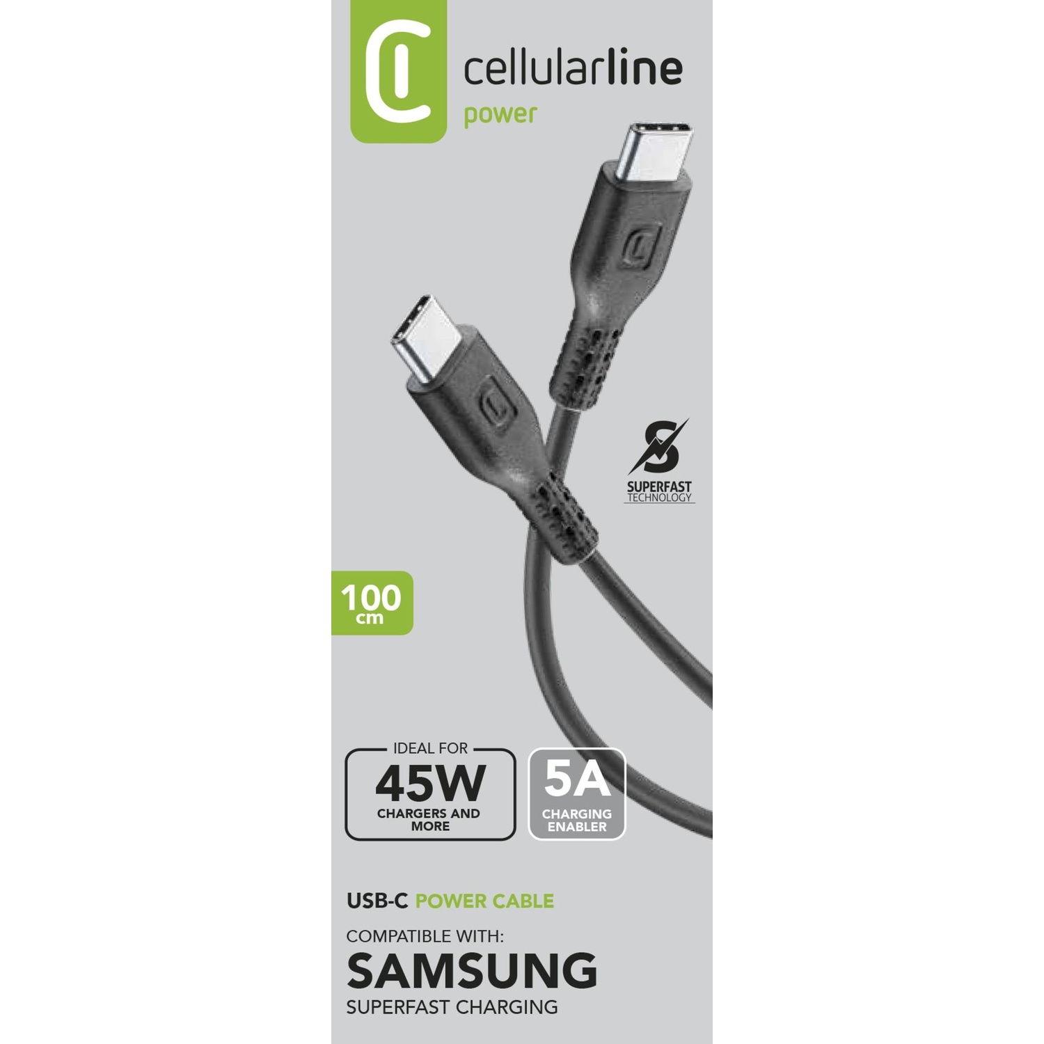 Cavo USB-C nero con connettori, sfondo bianco, etichette di testo.