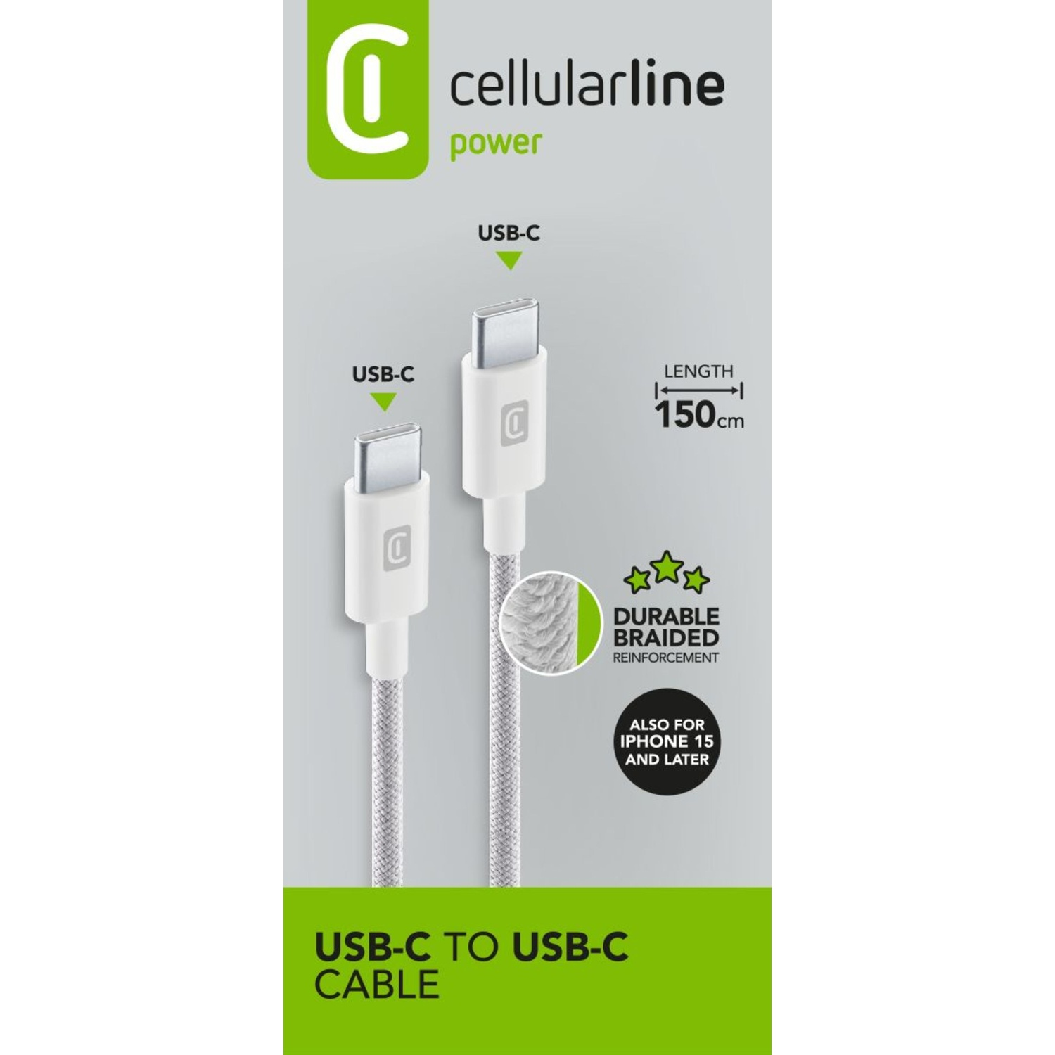 Cavo USB-C bianco e grigio con marchio 'cellularline power'.