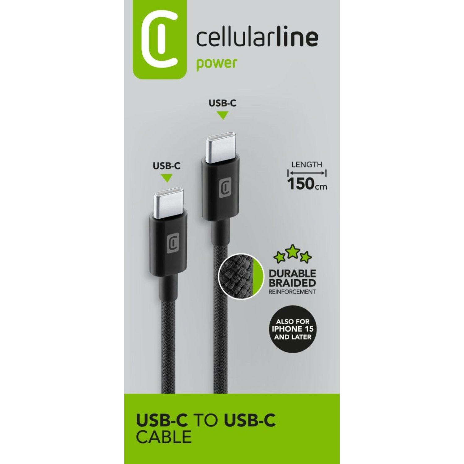Cavo USB-C a USB-C con cavo intrecciato nero. La confezione mostra il prodotto.