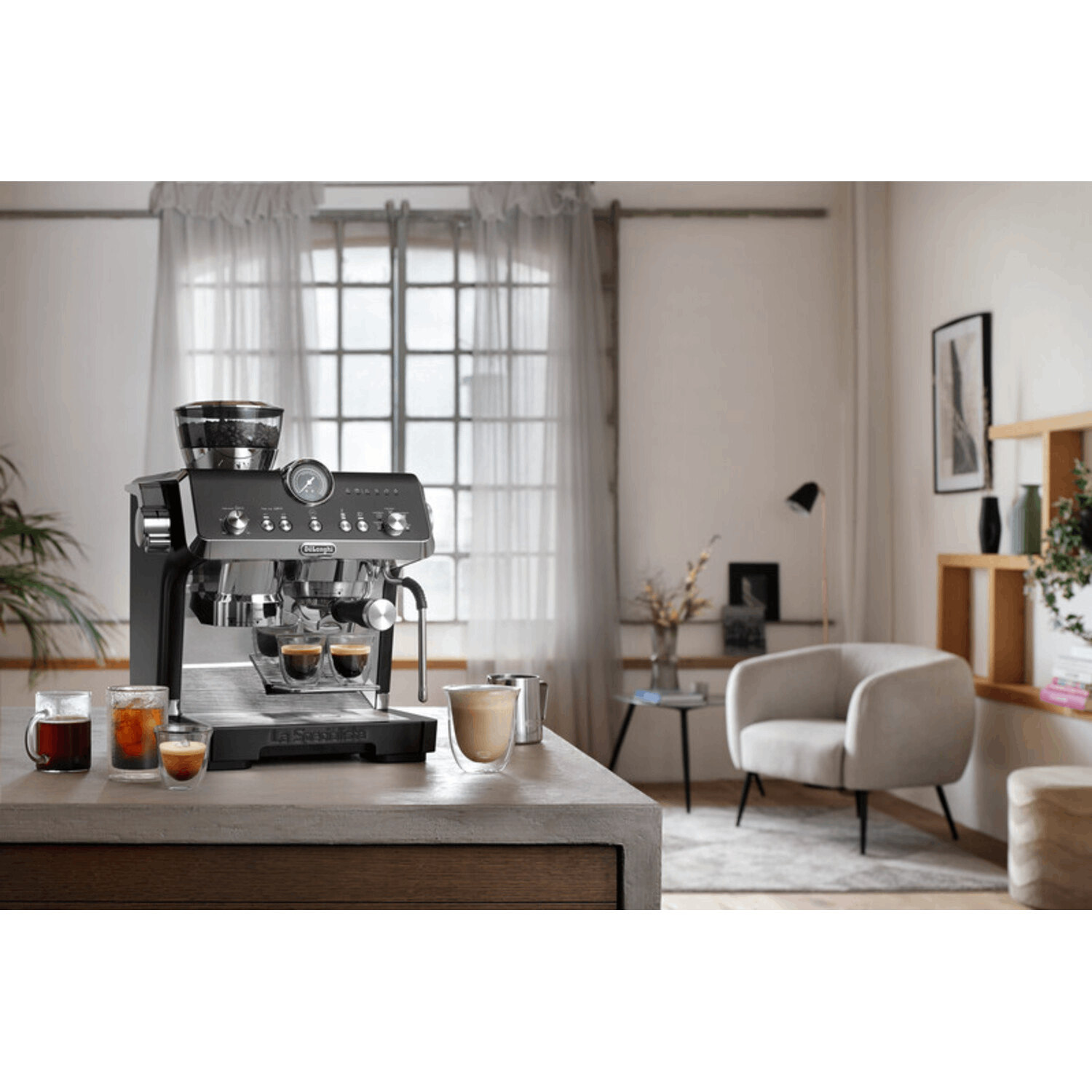 Espresso machine on a counter. Coffee cups and accessories. Interior background. 