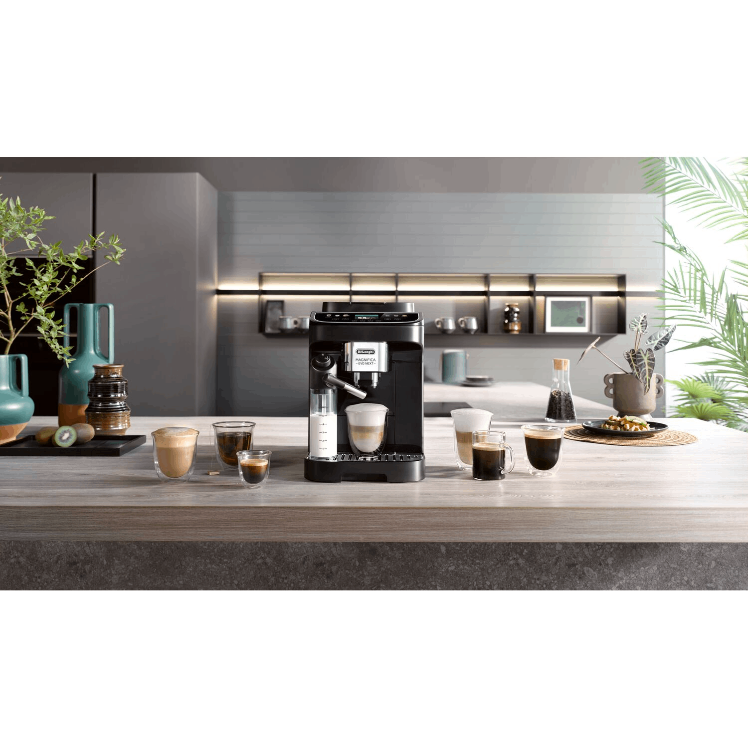 Espresso machine with glasses of coffee on a wooden countertop. Kitchen background with plants and lights.