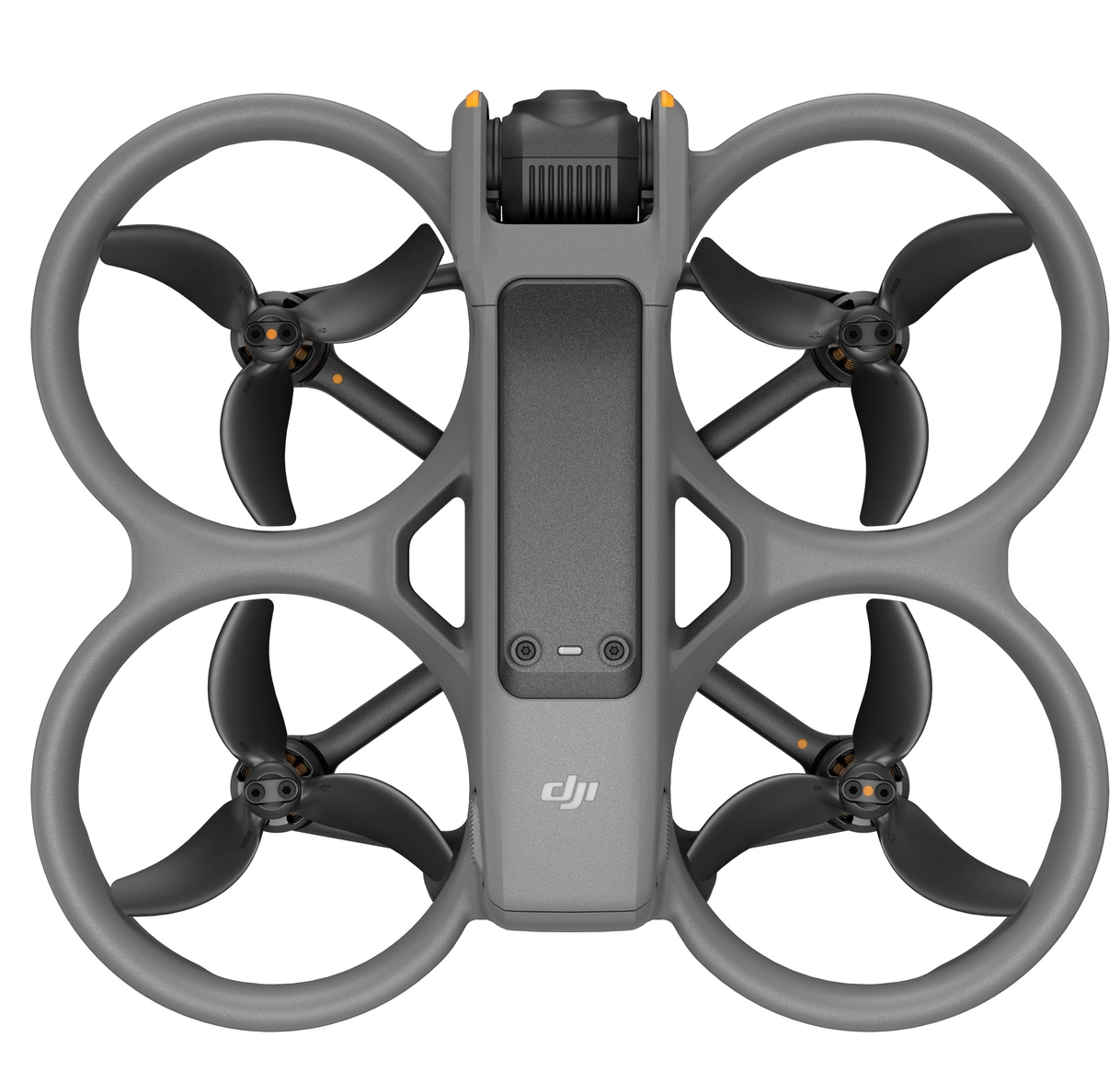 Szary dron z czterema śmigłami, kamerą i logo DJI.