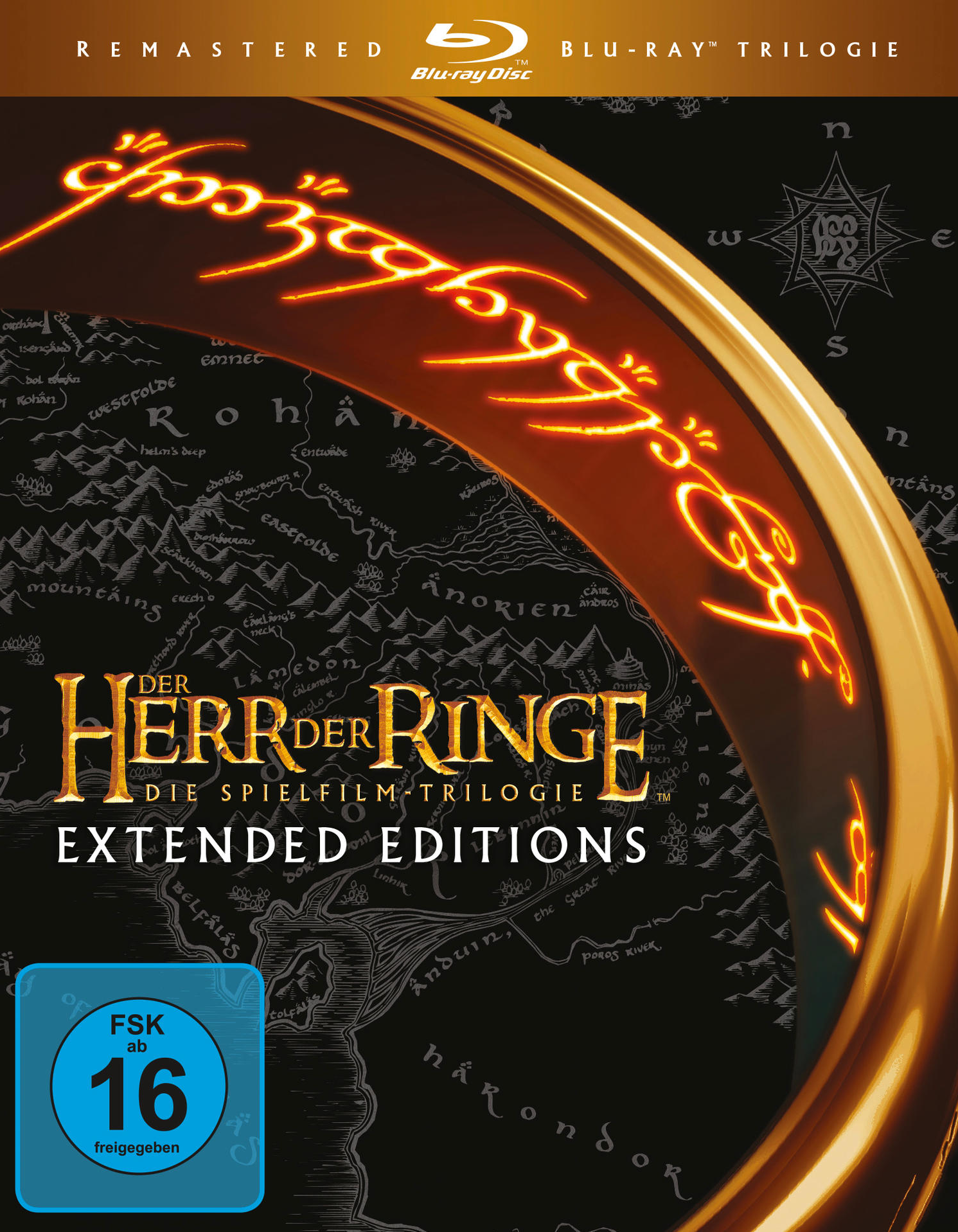 Das Lord of the Rings Blu-ray Box-Art. Gold und Schwarz mit elbischem Text und Kartendetails.