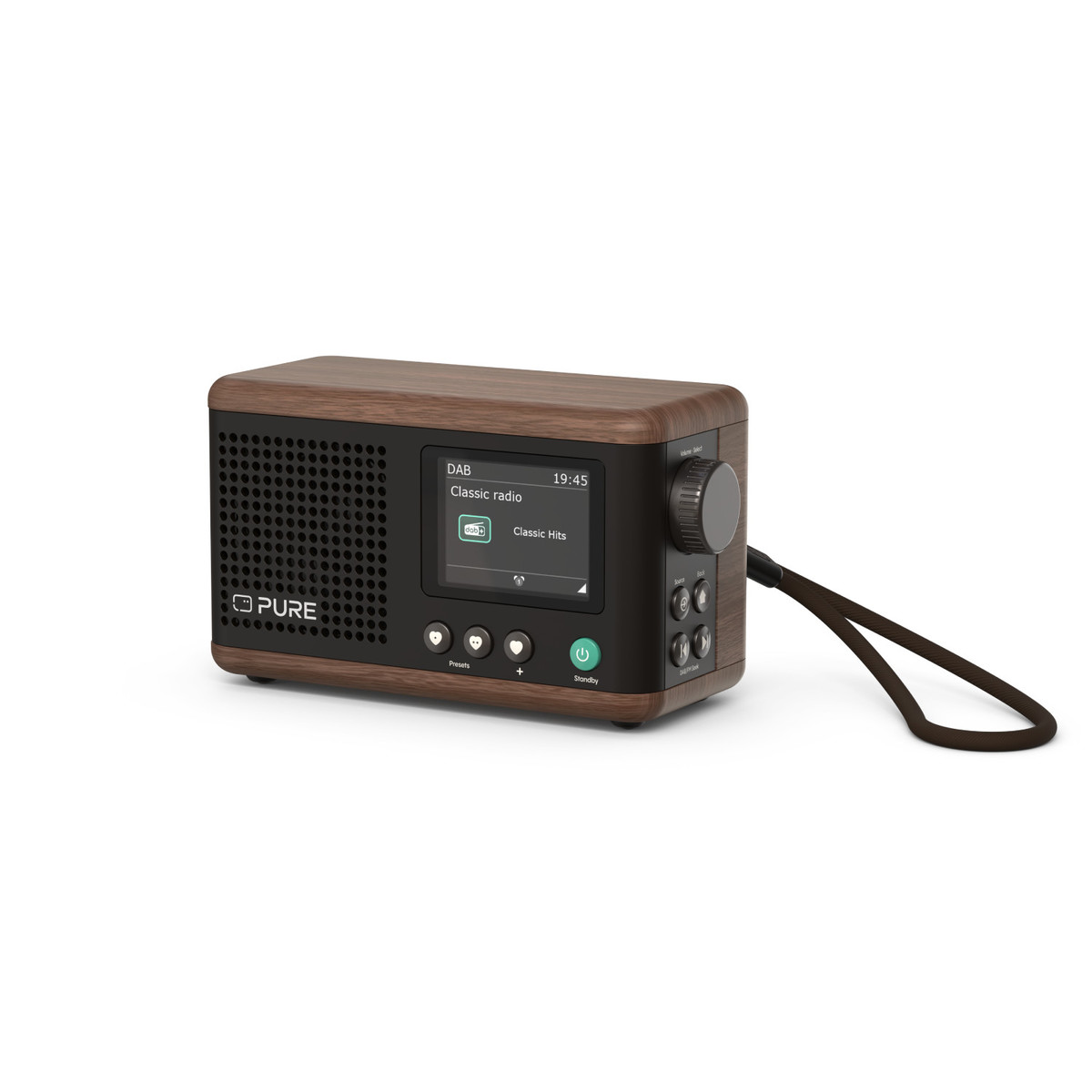 Wooden radio with black speaker, screen showing info, brown strap.