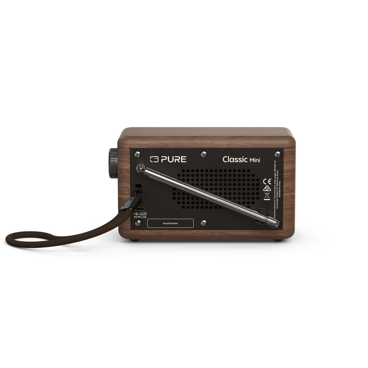 Brown and black retro radio with a metal antenna, on a white background.