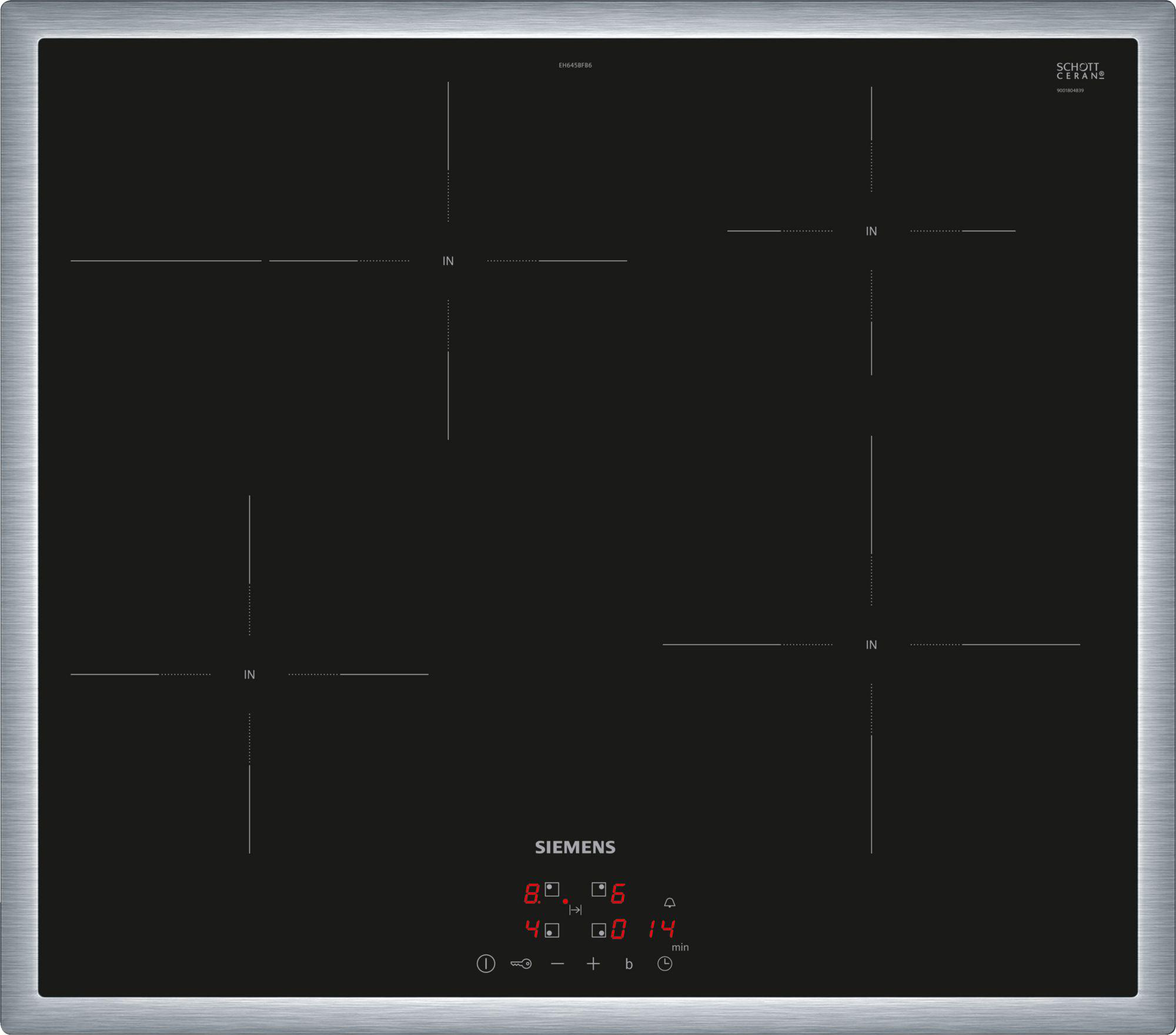 Ein schwarzes Induktionskochfeld. Vier Kochzonen sind mit weißen Linien markiert.