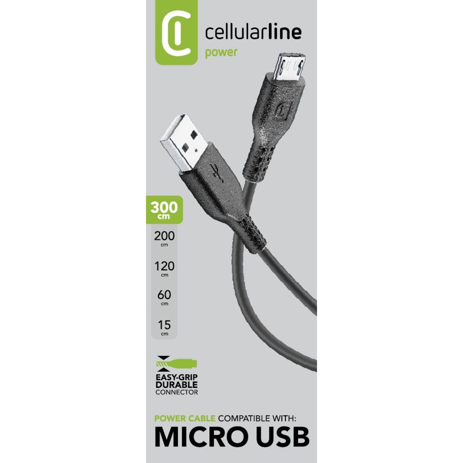 Cavo di ricarica nero con connettori USB e Micro USB, sfondo bianco.