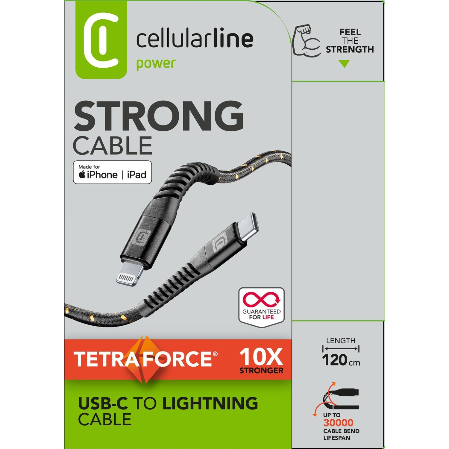 Una confezione di cavi con un cavo da USB-C a Lightning, che mostra un cavo resistente.