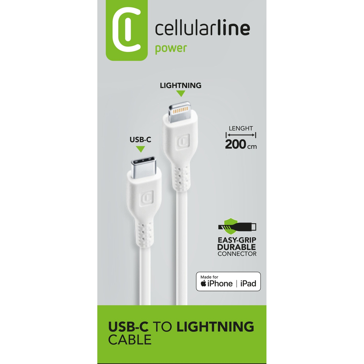 Un cavo da USB a Lightning bianco, la lunghezza è di 200 cm.