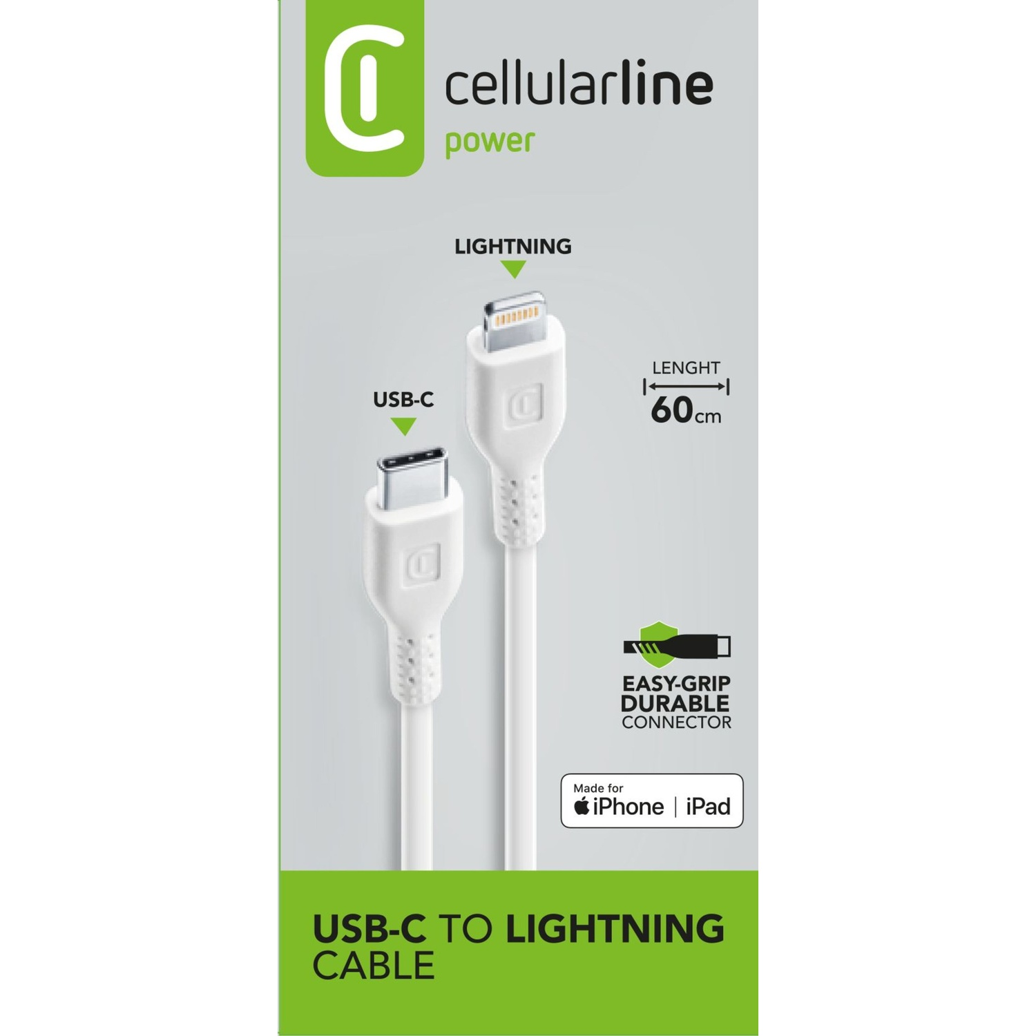Cavo da USB-C a Lightning bianco. Connettori bianchi, testo nero. La confezione è bianca e verde.