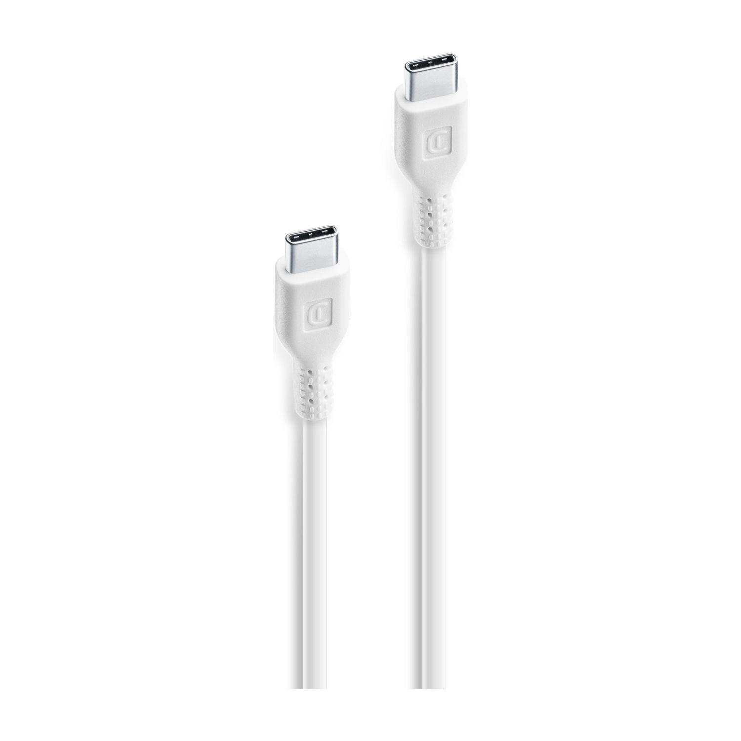 Due cavi USB-C bianchi su sfondo bianco.