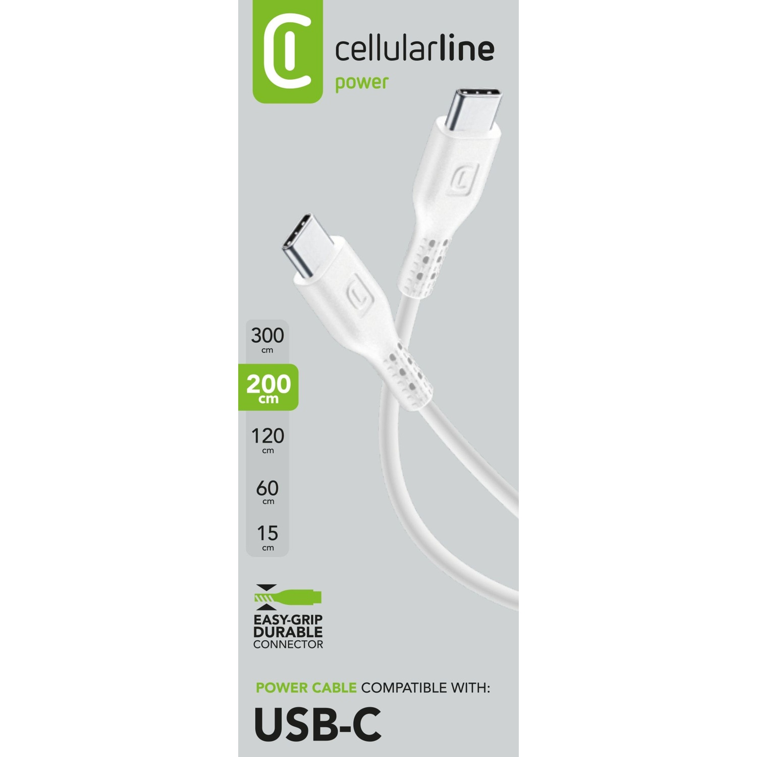 Cavo USB-C bianco con confezione, lunghezze indicate.