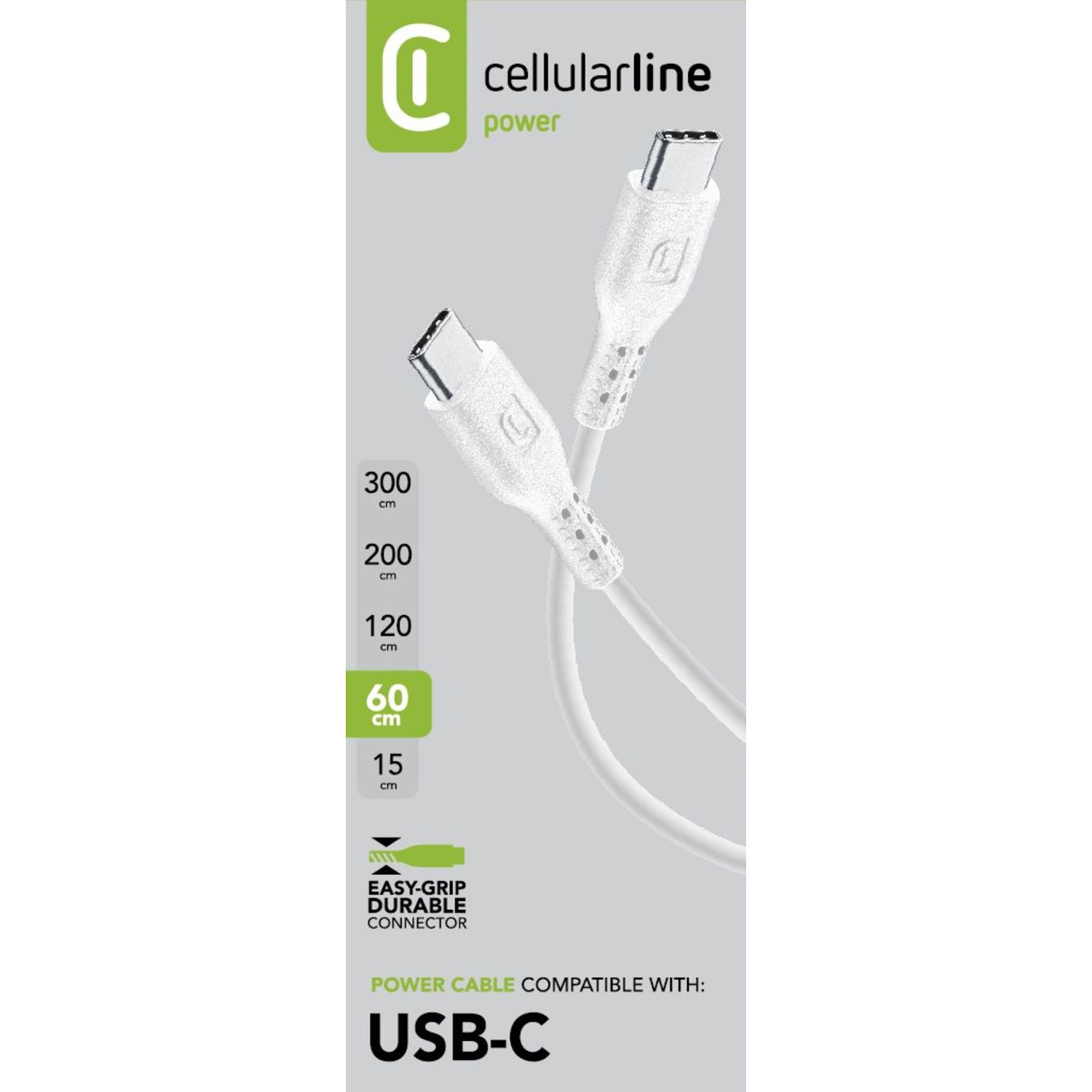 Un cavo di ricarica bianco con connettore USB-C. La confezione mostra la lunghezza in cm. Sfondo bianco.