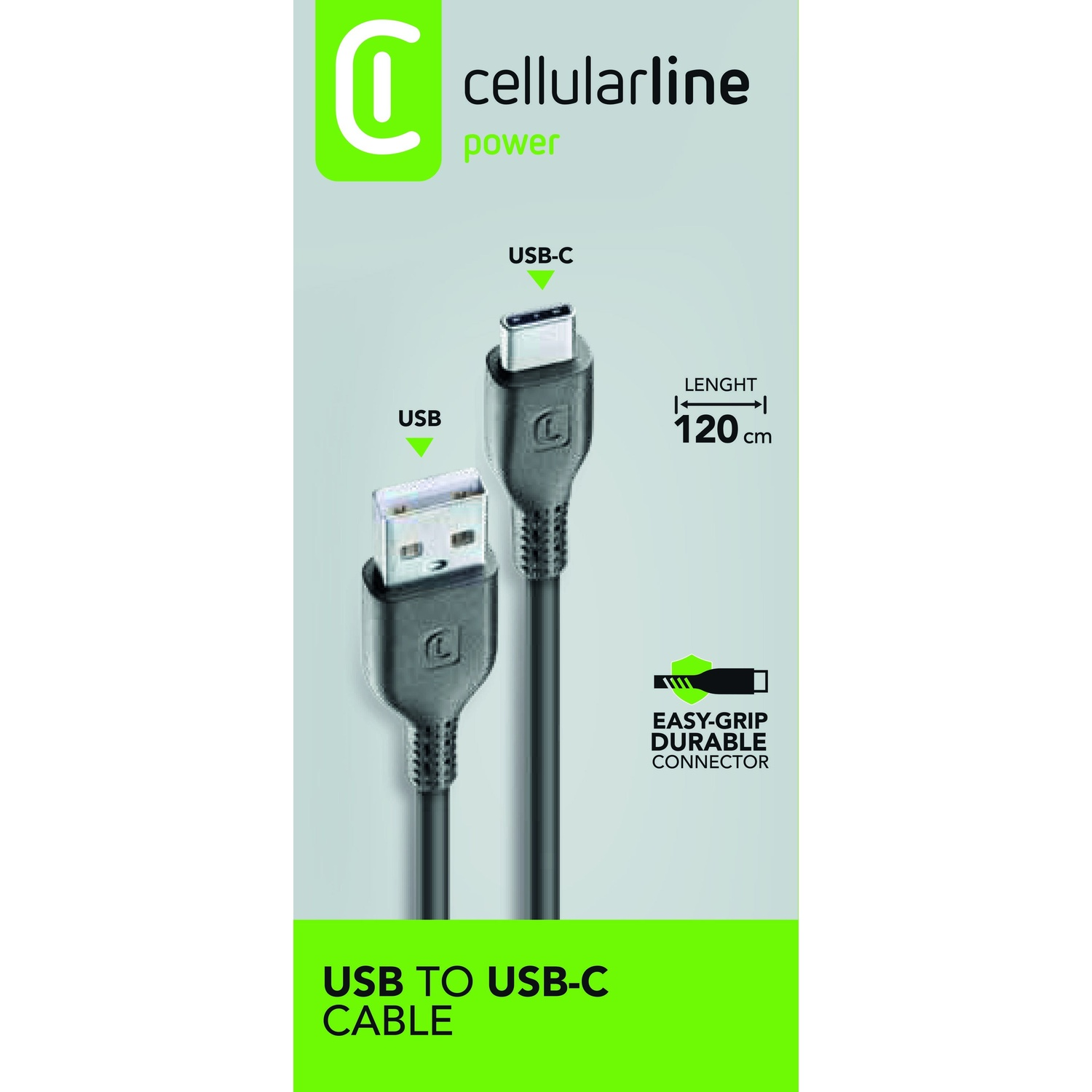 Un cavo da USB a USB-C nero, con il marchio 'cellularline'.