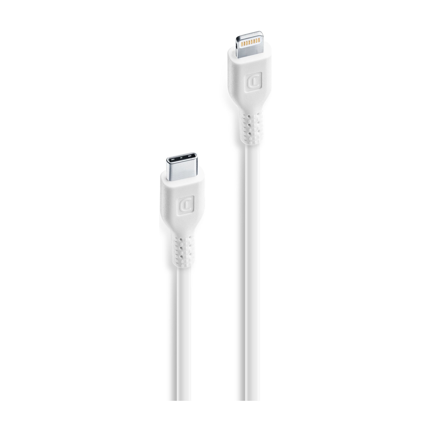 Cavi USB-C e Lightning bianchi su sfondo bianco.