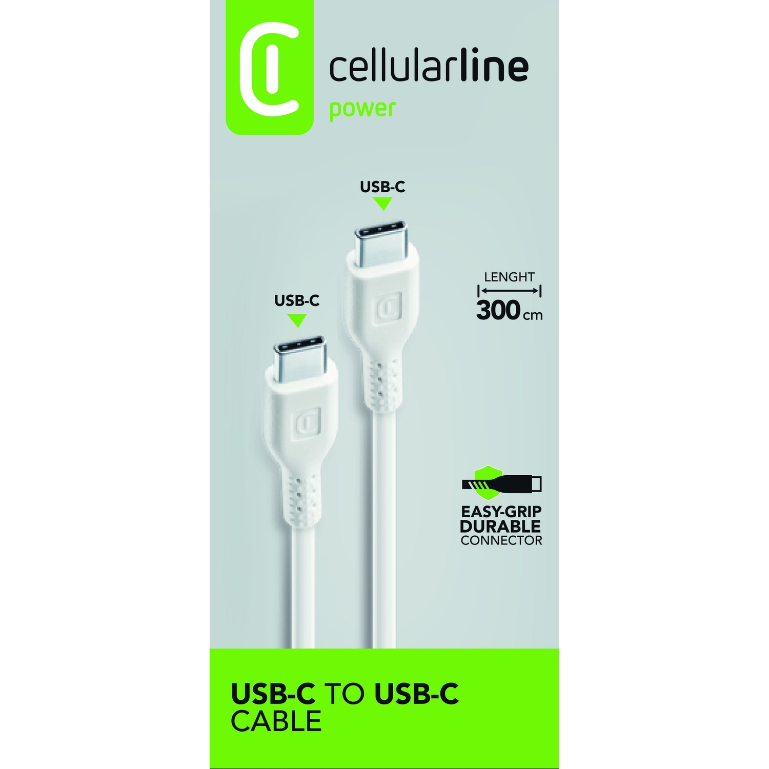 Cavi USB-C bianchi su sfondo verde e bianco. Testo: Cavo da USB-C a USB-C.
