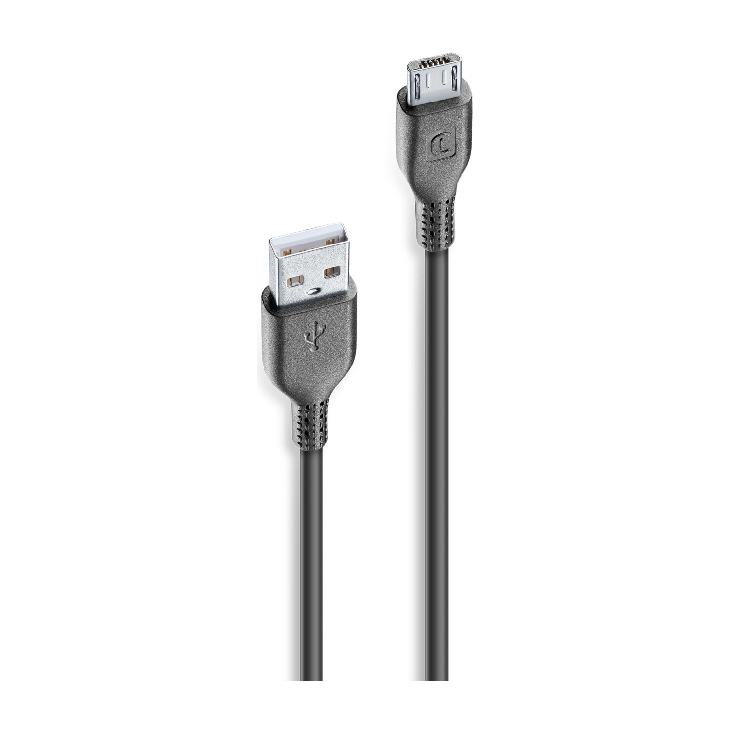 Un cavo USB nero, con connettori USB e USB-C a ciascuna estremità.