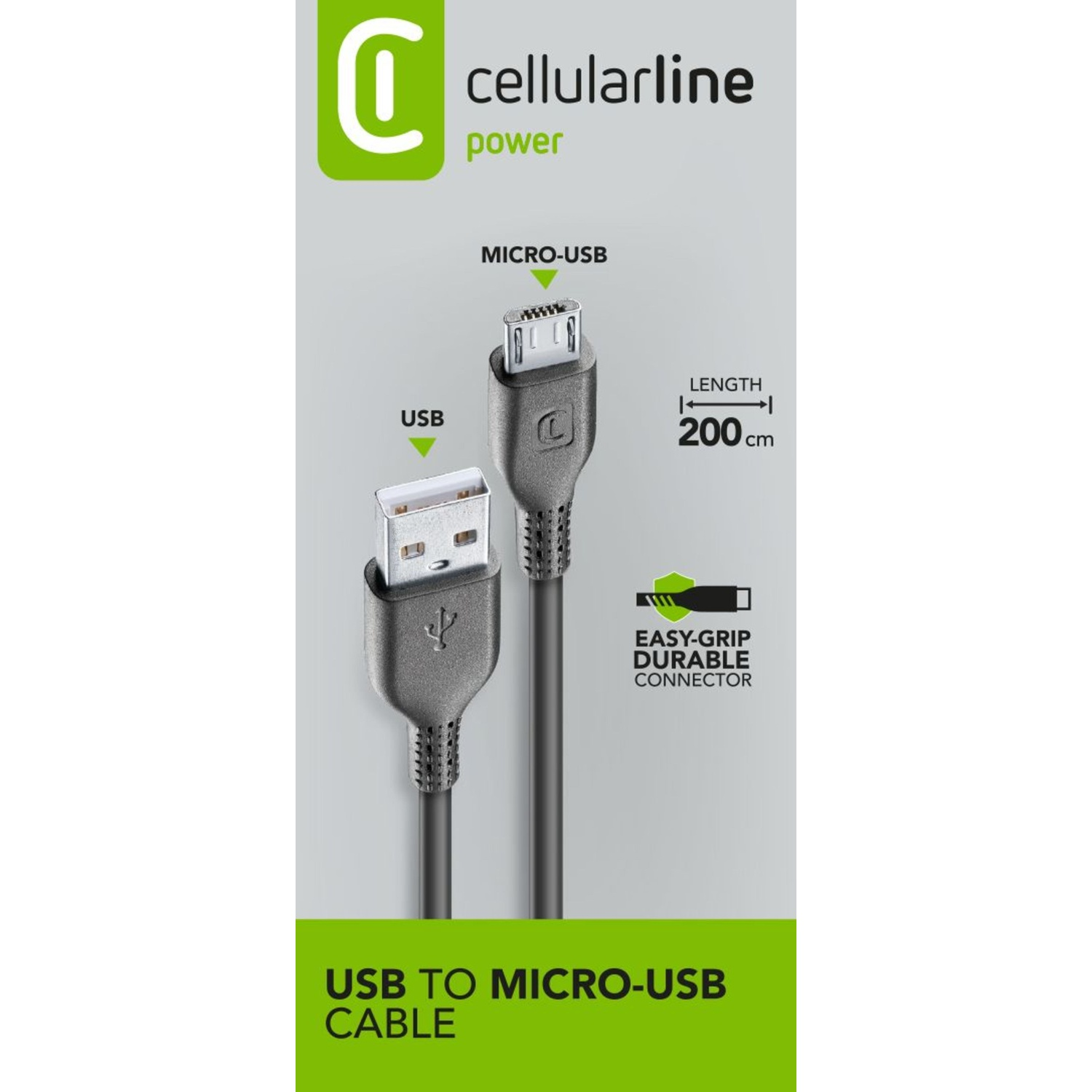 Un cavo da USB a Micro-USB nero con marchio e caratteristiche elencate sulla confezione.