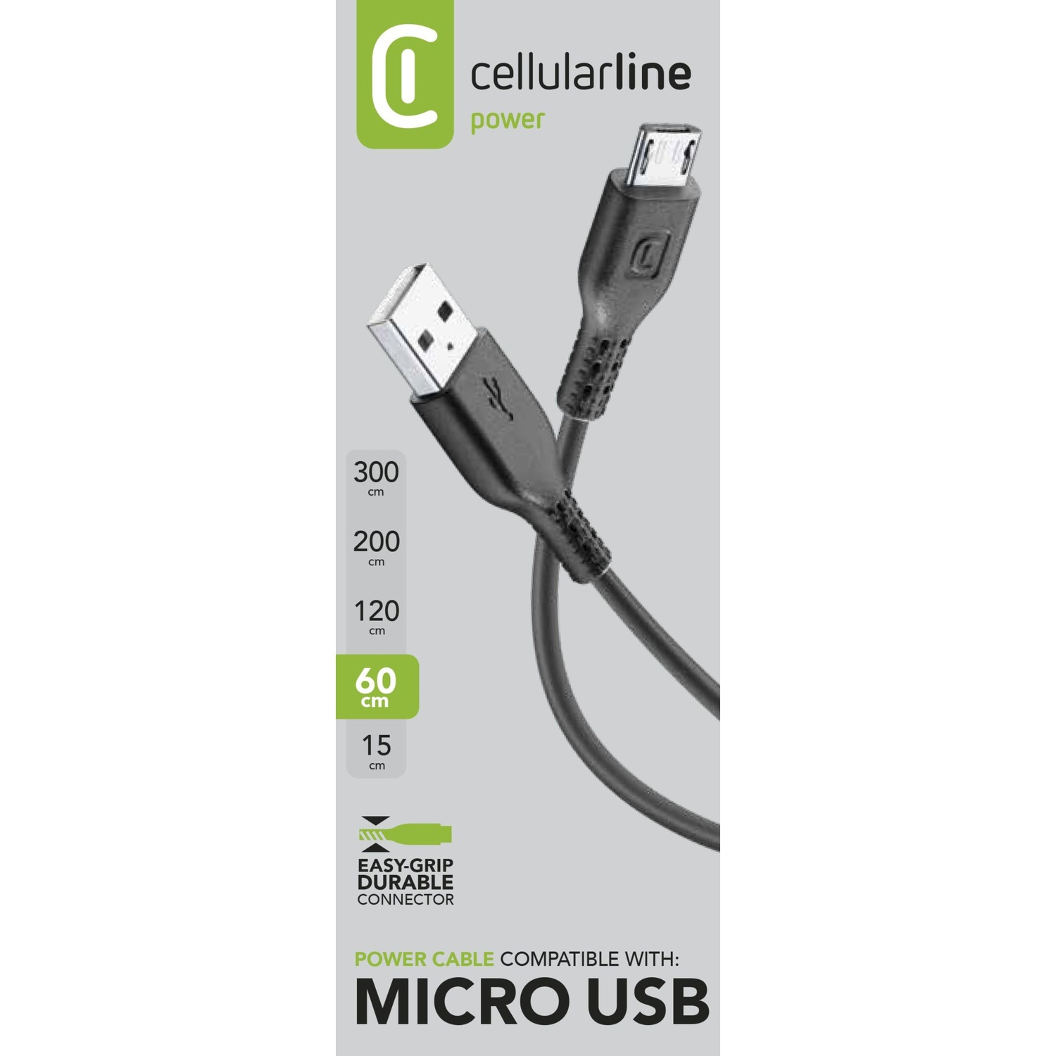 Un cavo micro USB nero e grigio con un'etichetta di marca che mostra i dettagli delle misure.