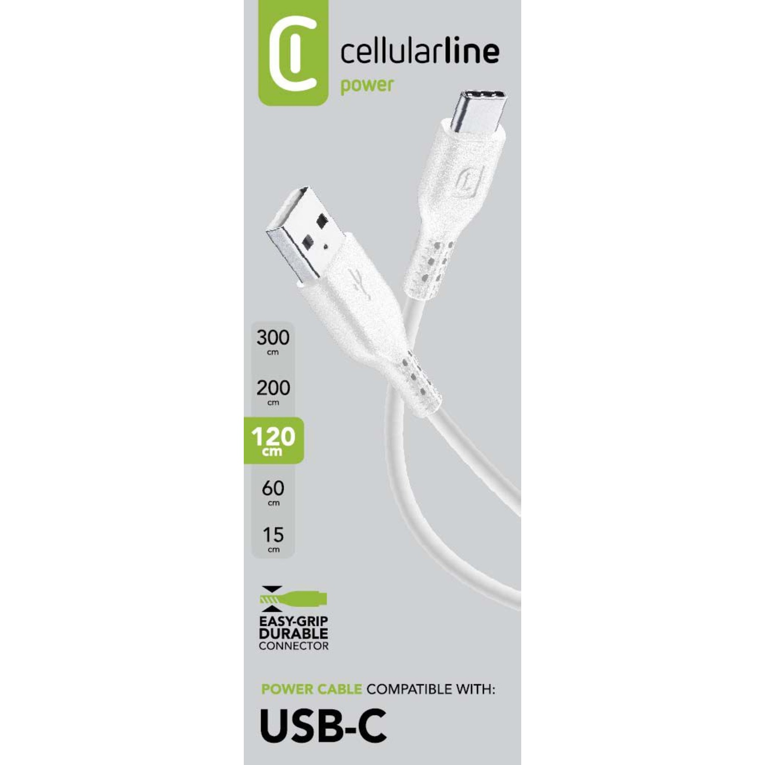Cavo USB-C bianco con etichette di testo nere. Ha lunghezze e un logo del cavo di alimentazione.