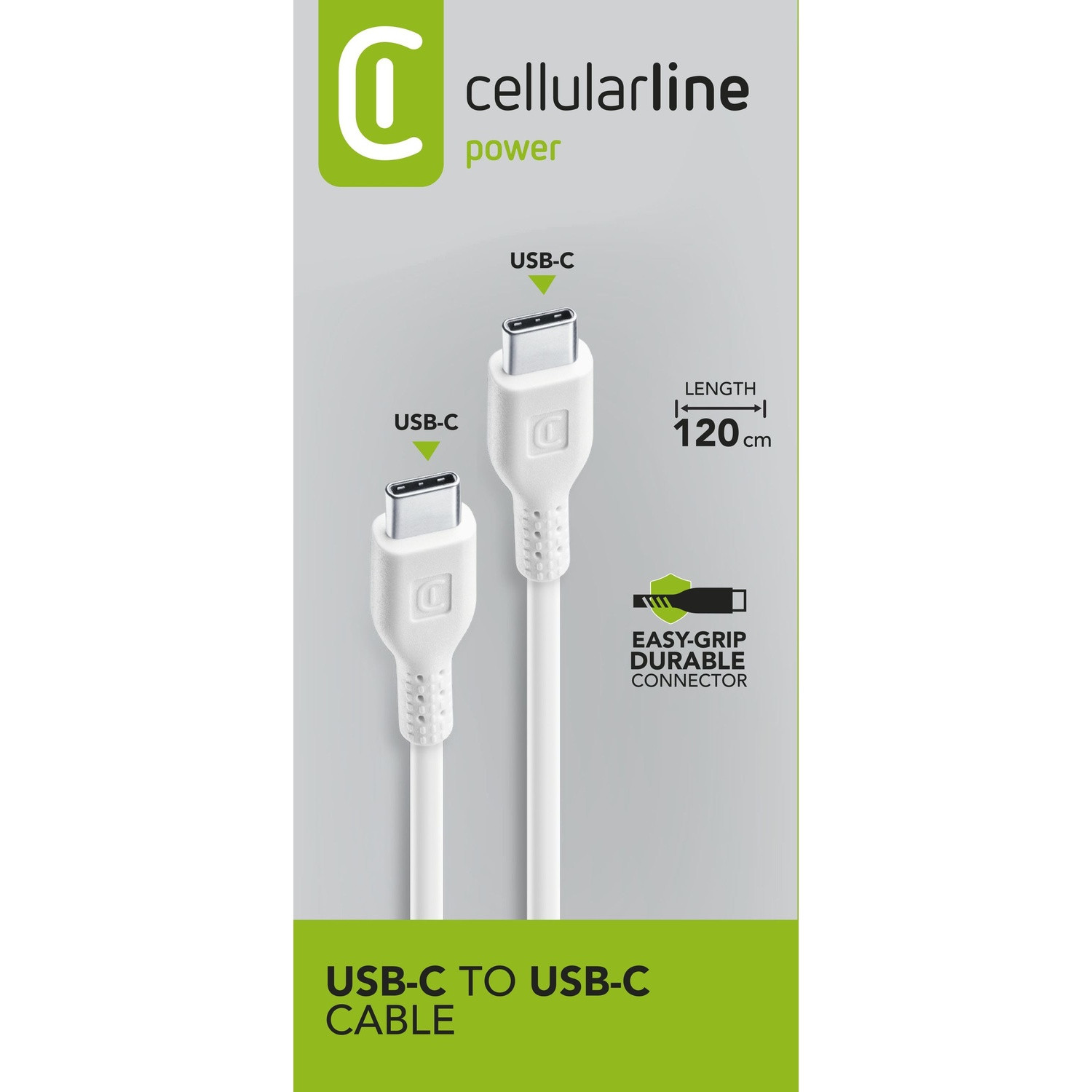 Cavo USB-C a USB-C bianco. Il cavo è bianco e la confezione mostra la lunghezza.