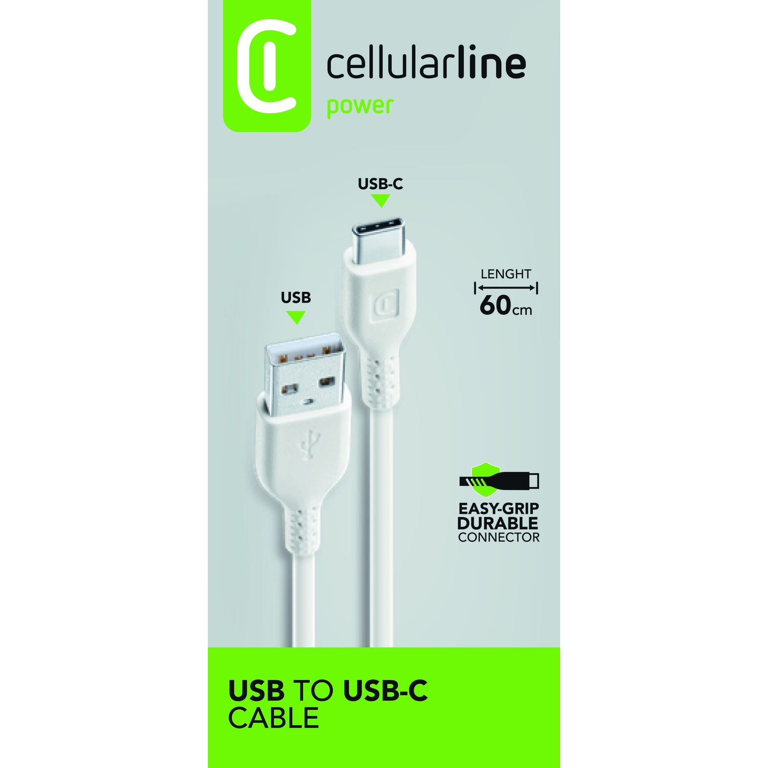 Cavo USB a USB-C bianco. Il logo del marchio e la parola USB sono visibili.