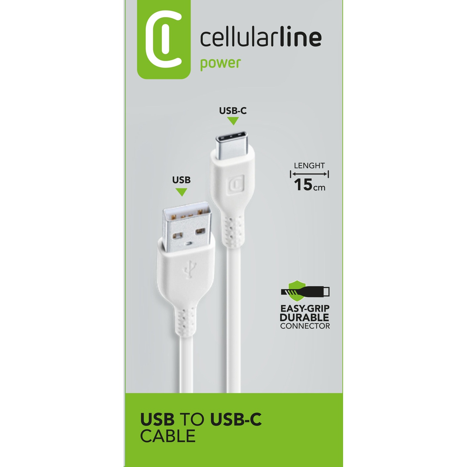 Cavo USB a USB-C bianco su confezione con marchio verde e bianco.