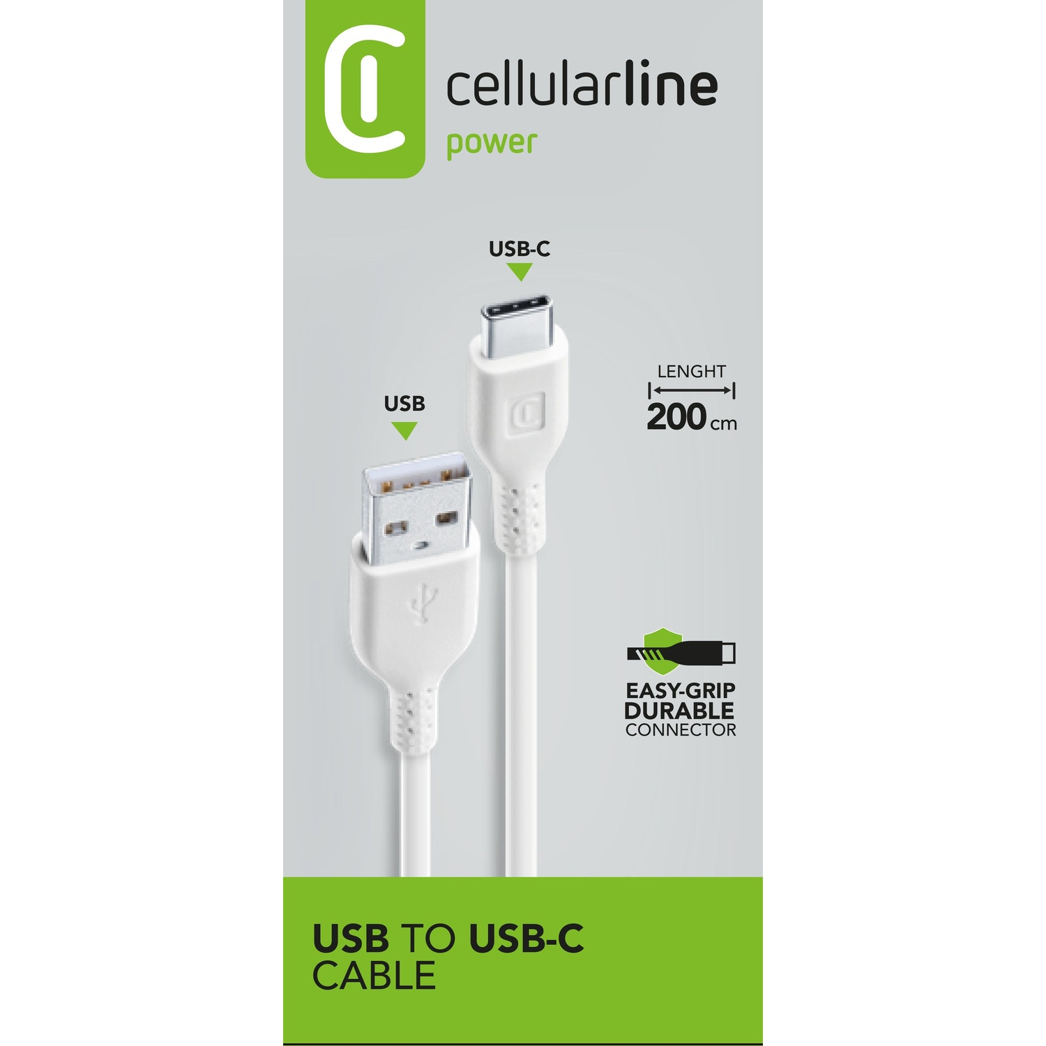 Cavo USB bianco con connettori USB e USB-C, titolo e logo del prodotto.