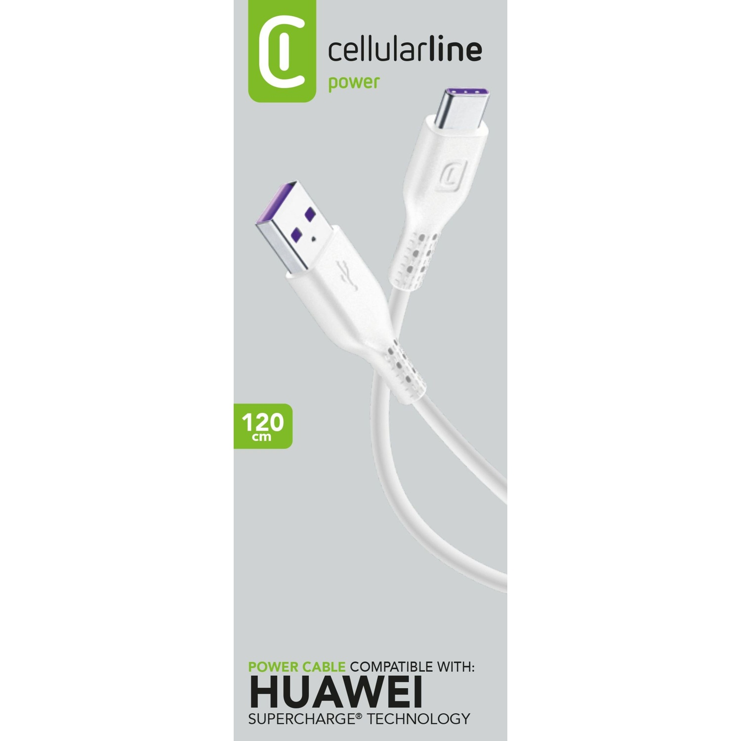 Un cavo di ricarica bianco con connettori USB e USB-C, lungo 120 cm, con testo.