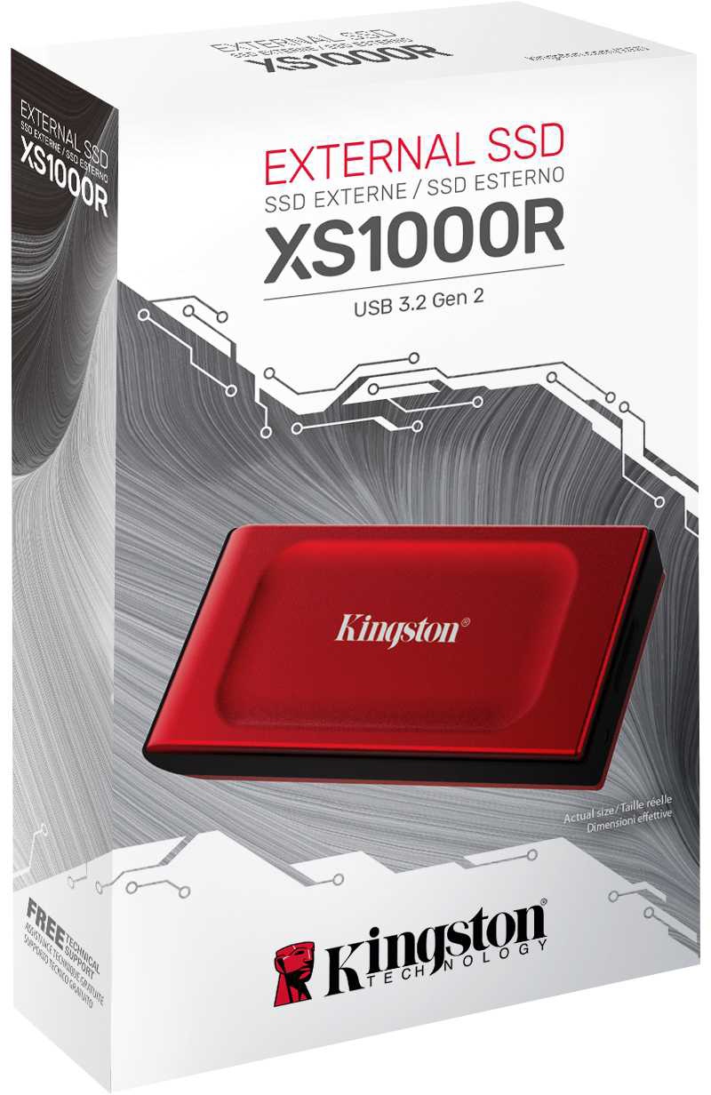 Külső SSD egy dobozban. Az SSD piros, a doboz fehér, szöveggel és grafikával.