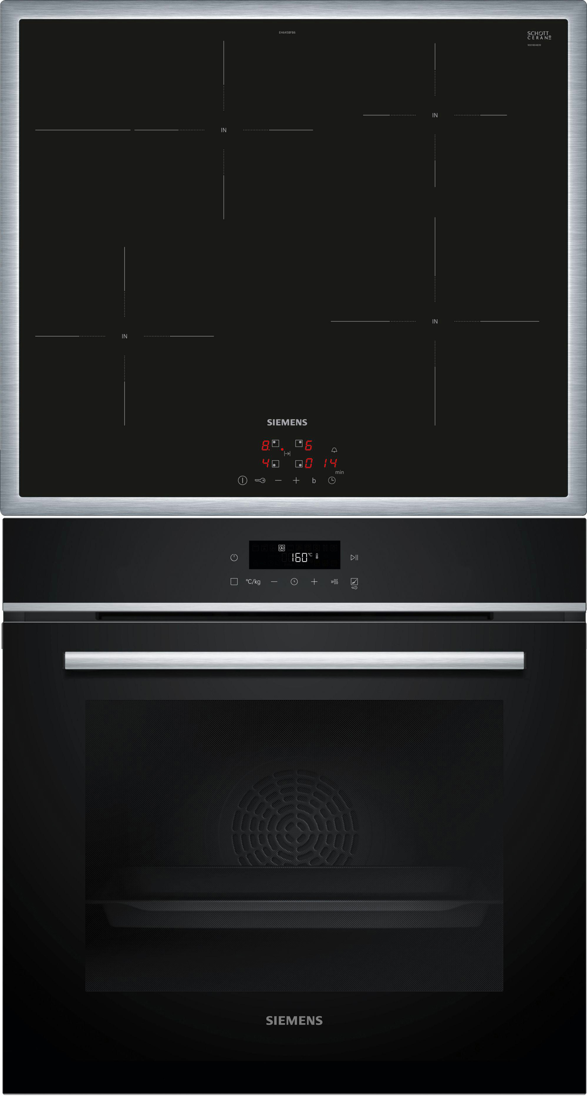 Ein Doppelofen und Kochfeld. Das Kochfeld ist schwarz mit vier Kochstellen. Der Ofen ist schwarz mit Bedienfeld.