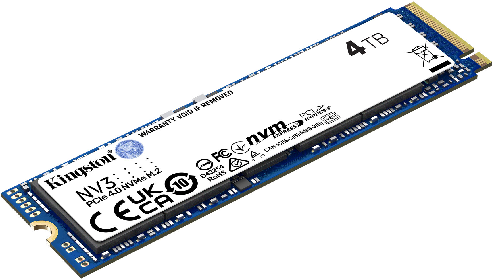 Kingston NV3 4TB PCIe 4.0 NVMe M.2 SSD Kingston logóval és egyéb jelzésekkel.