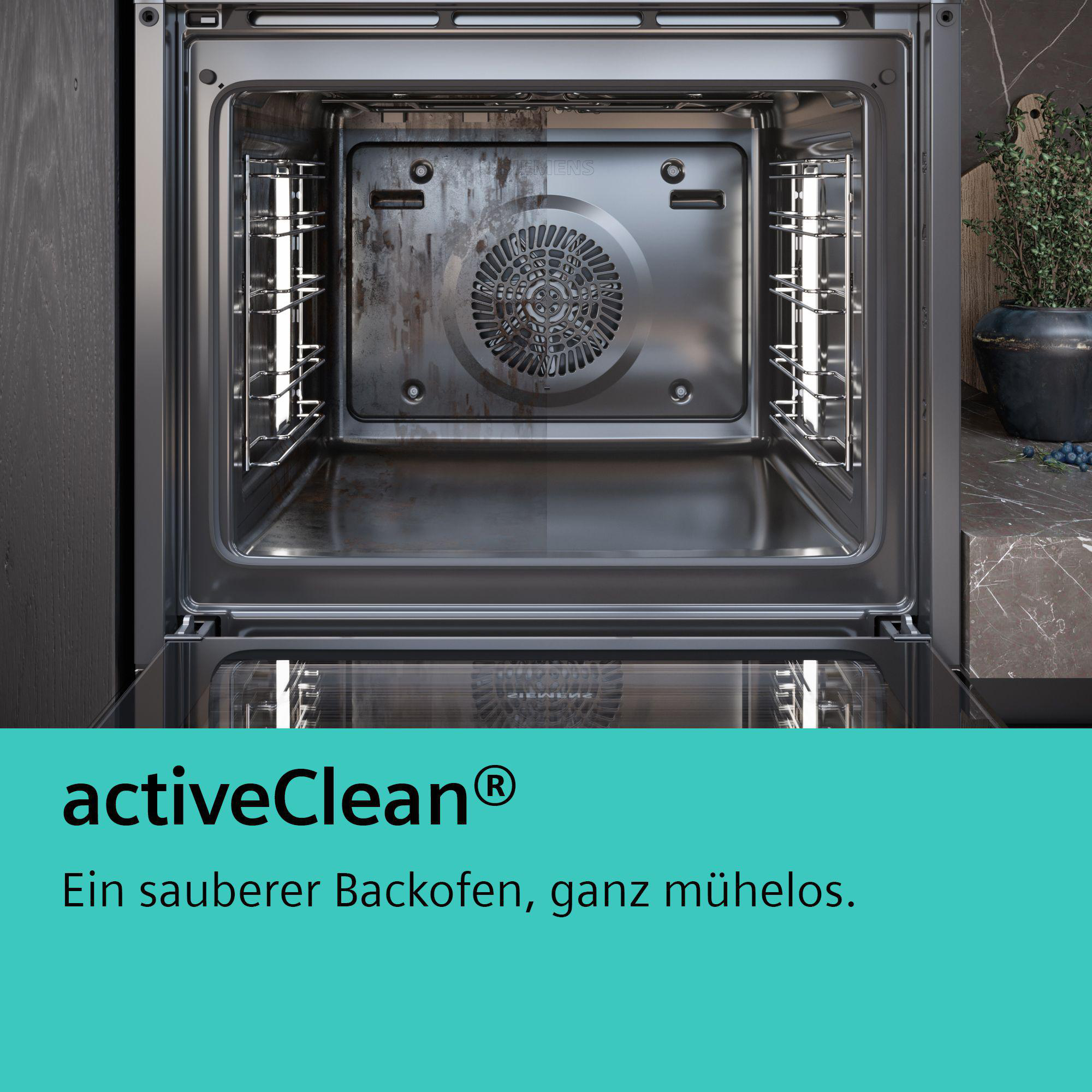 Offener Backofeninnenraum mit Text 'activeClean' und einem Slogan in Grün, Reinigungsfunktion.