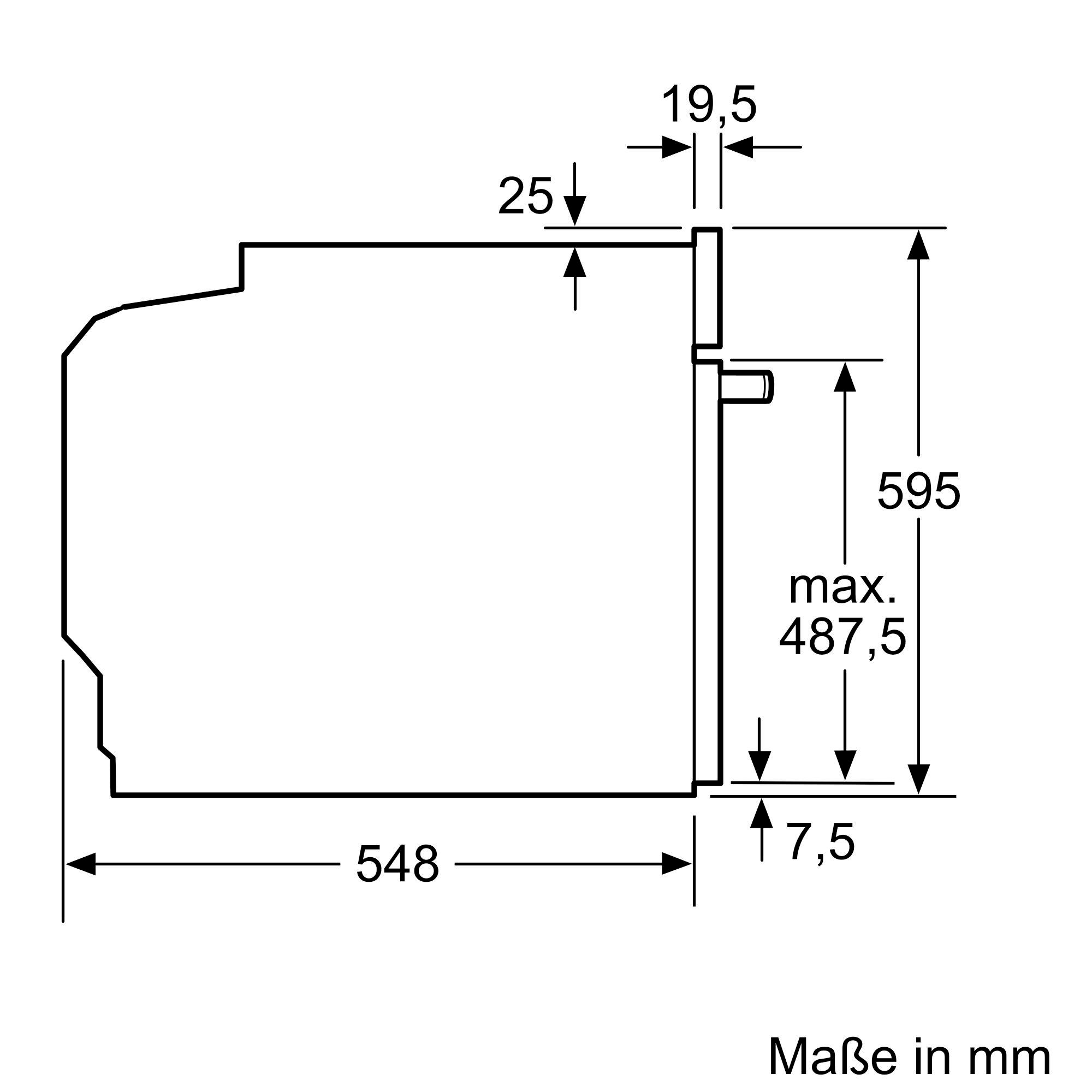 Seitenansicht-Diagramm eines Ofens, das Abmessungen mit Beschriftungen in Millimetern zeigt.