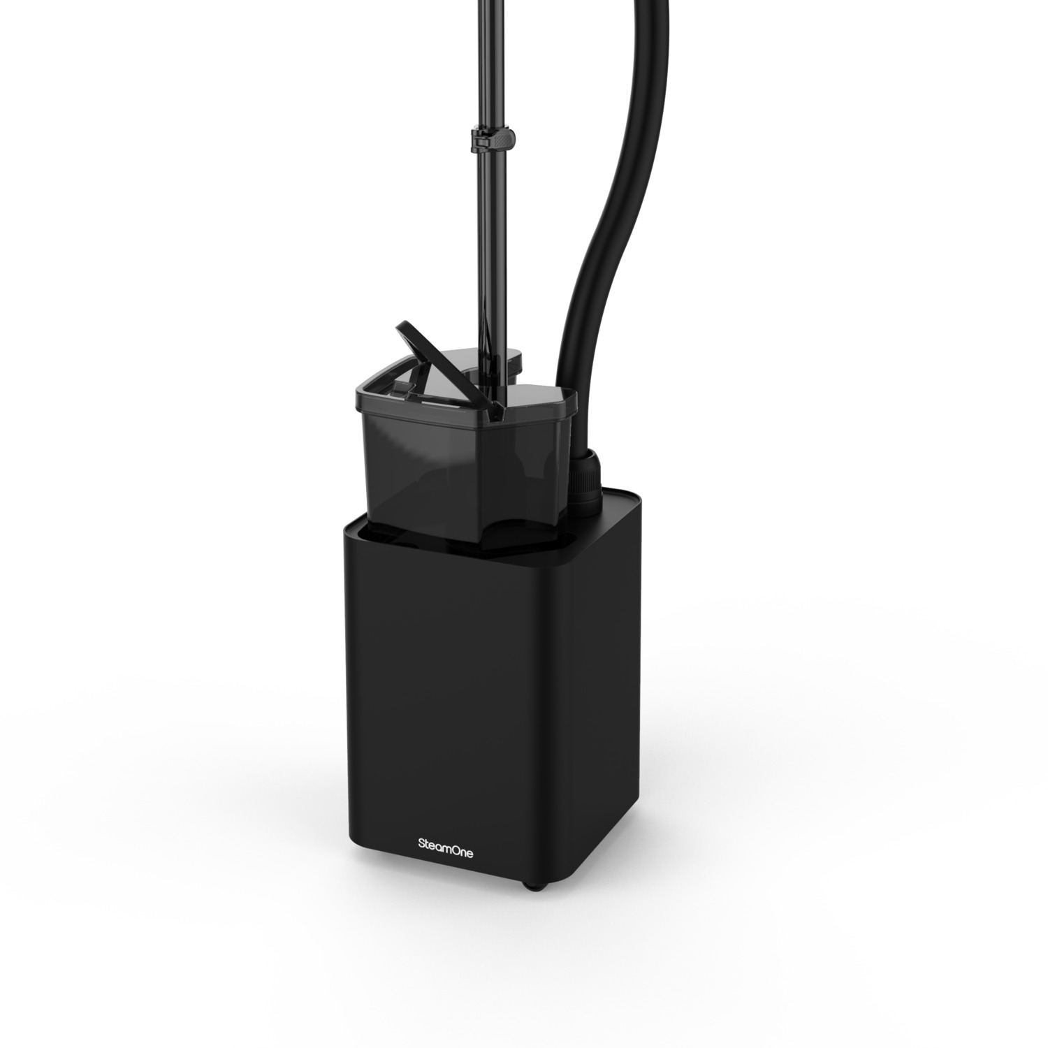 A black steam cleaner with a water tank and a hose, isolated on white background.