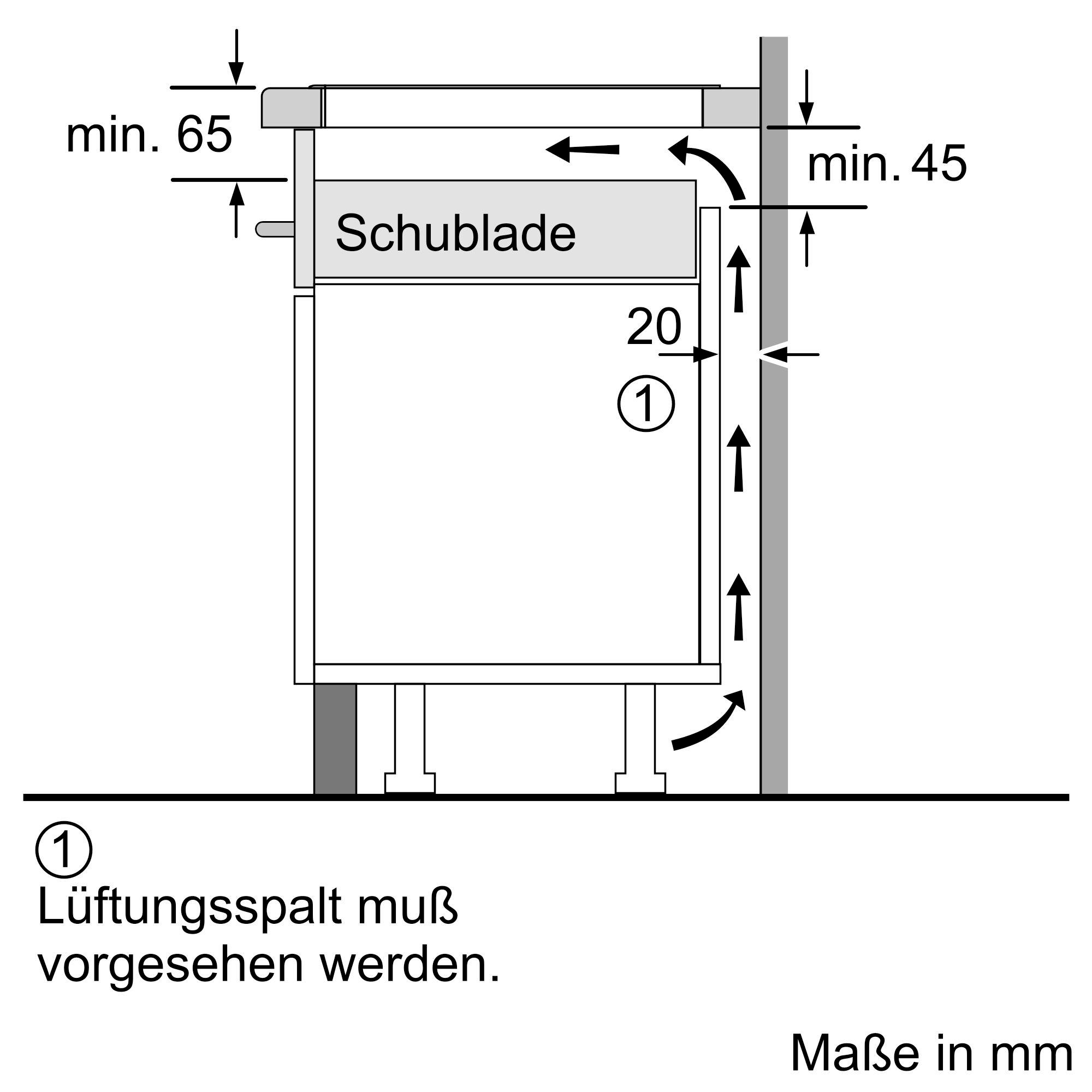 Schematische Zeichnung eines Küchengeräts mit Maßen und Beschriftungen auf Deutsch.