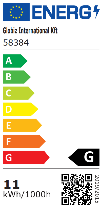 Energiahatékonysági címke A-tól G-ig terjedő besorolásokkal, '11 kWh/1000h' és egy QR-kóddal.