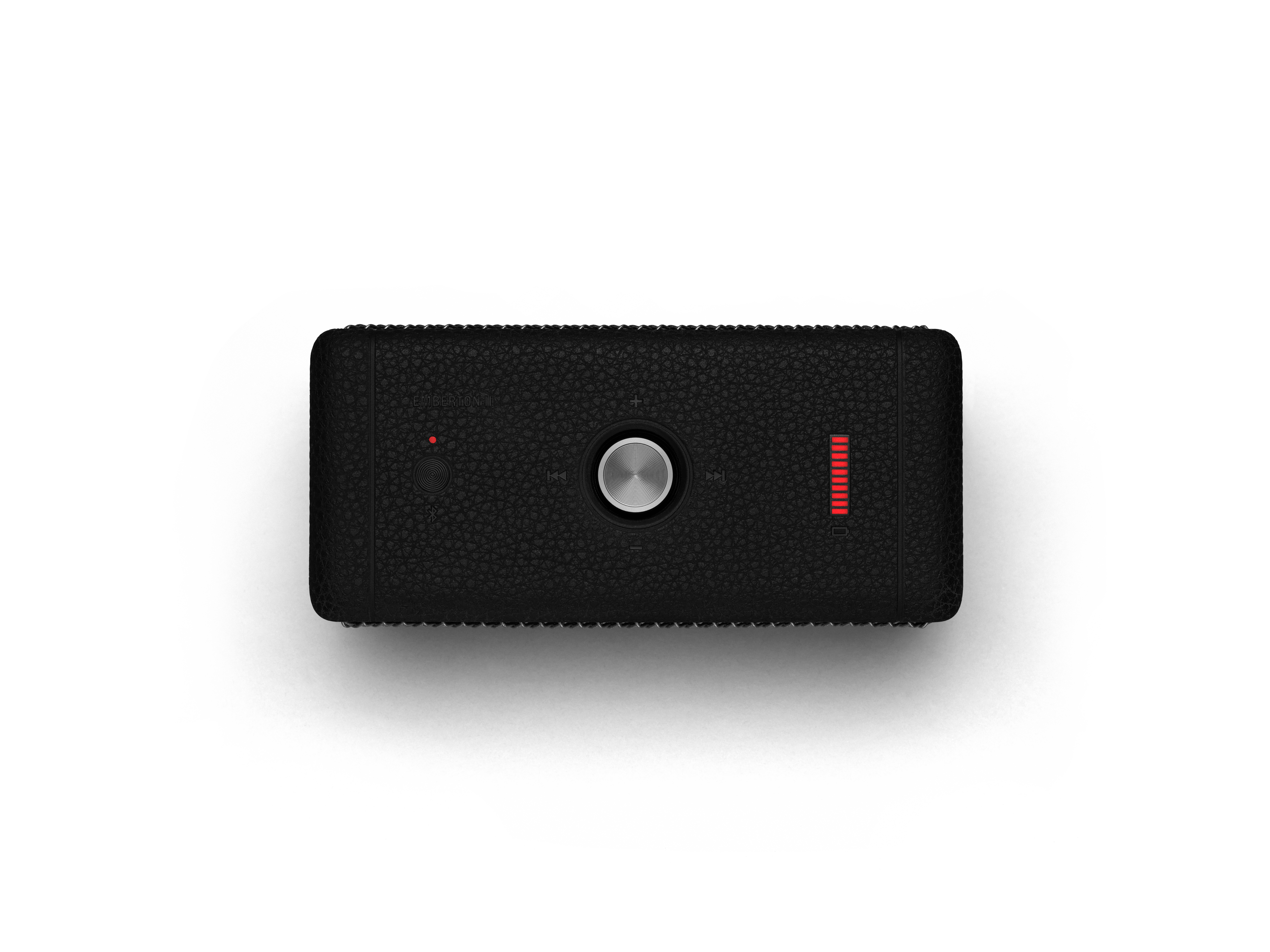 Ein schwarzer Marshall-Lautsprecher mit Ledertextur, roten Lichtern und einem silbernen Drehknopf.