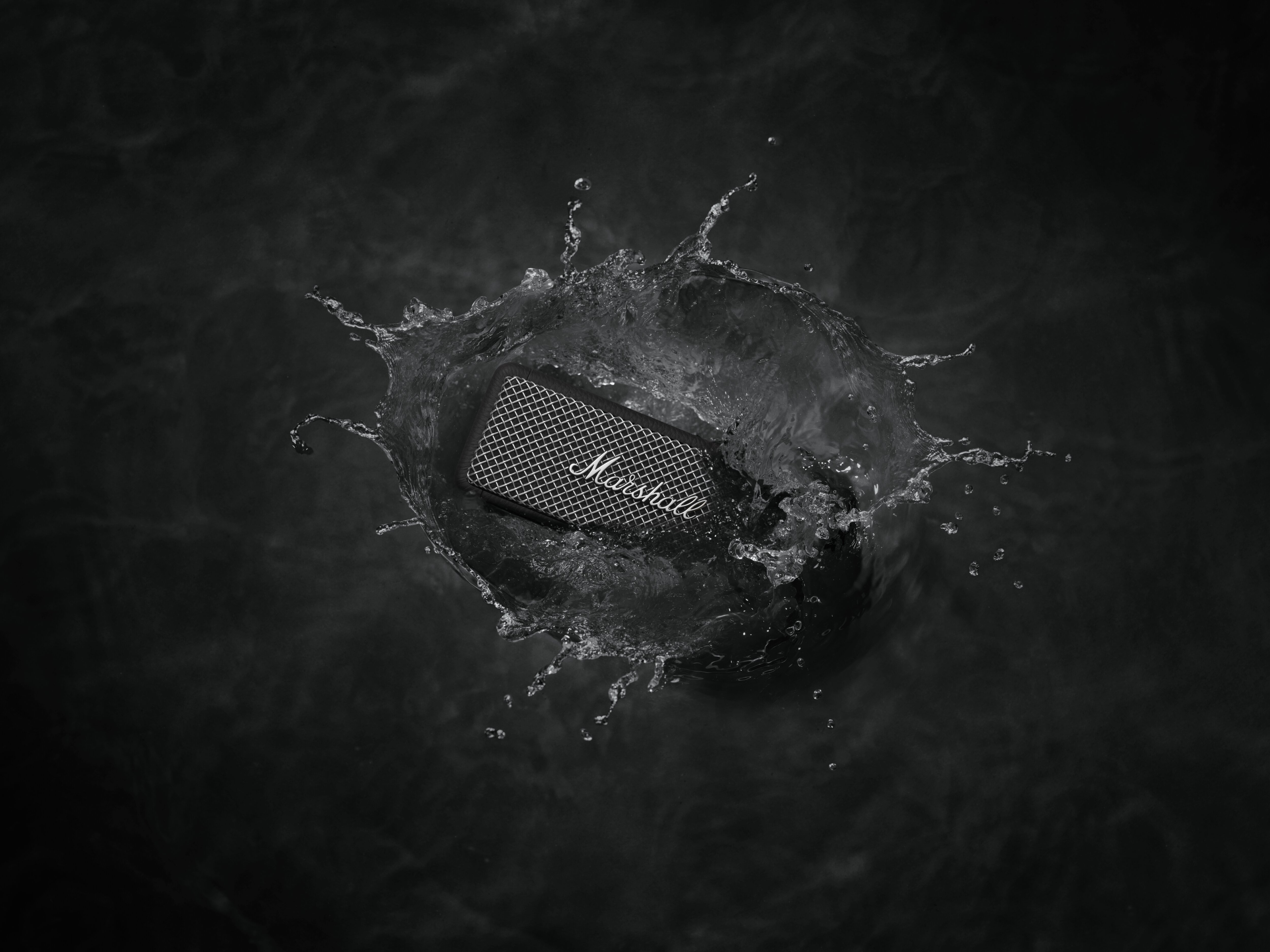 Schwarz-weißer Lautsprecher unter Wasser, mit Wasserspritzern. Marshall-Logo auf dem Lautsprecher sichtbar.