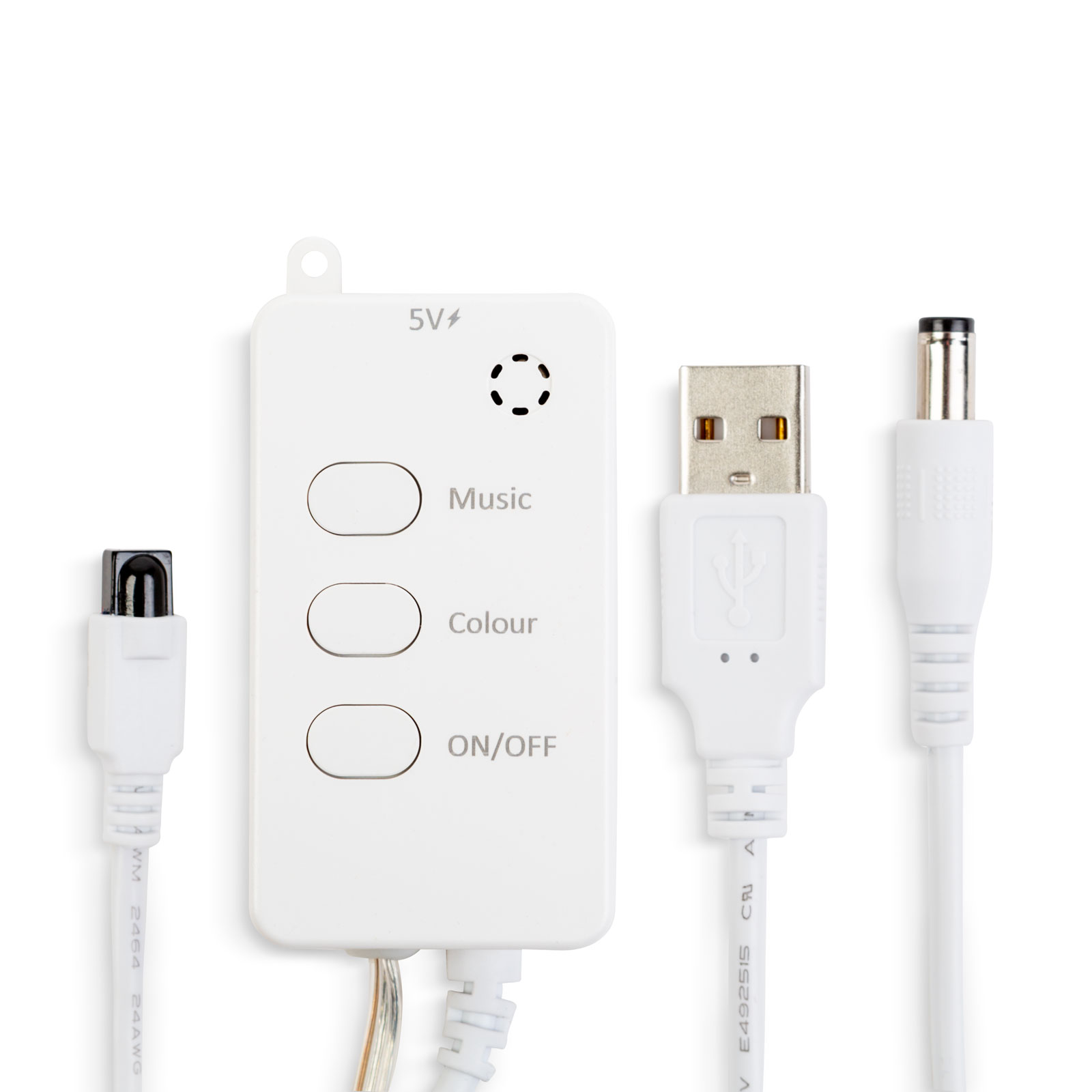 Fehér LED vezérlő USB, DC és IR csatlakozókkal. Zene, szín és ki/bekapcsoló gombok. Fehér háttér.