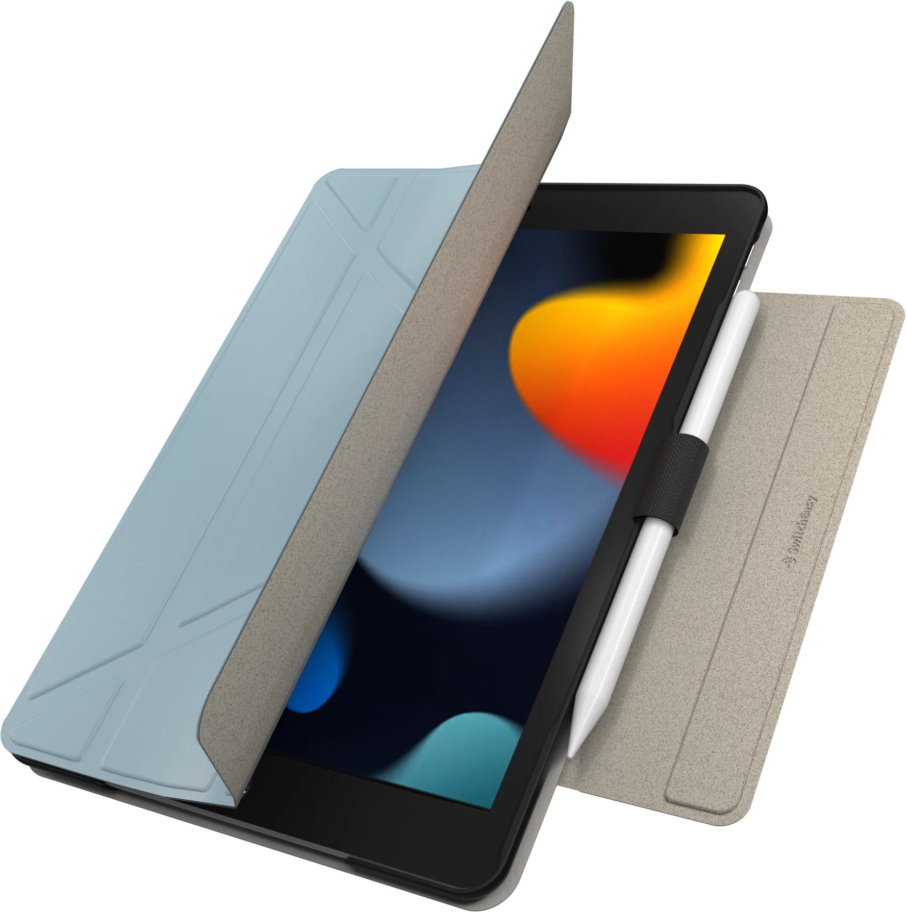 Egy tablet kék tokban, benne egy fehér toll. A tok részben nyitva van.