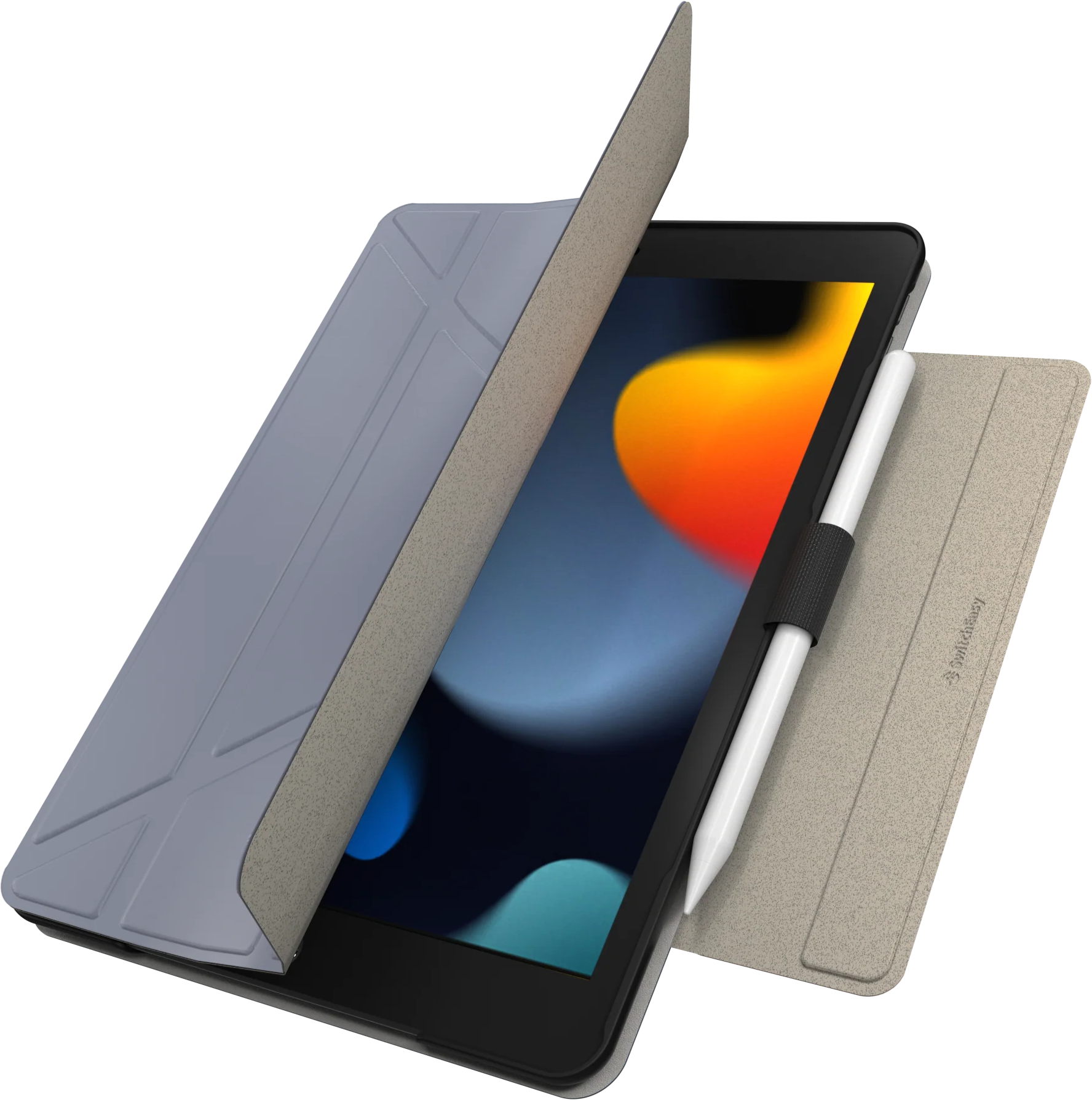 Egy tablet szürke tokban, benne egy fehér toll. A tok részben nyitva van.