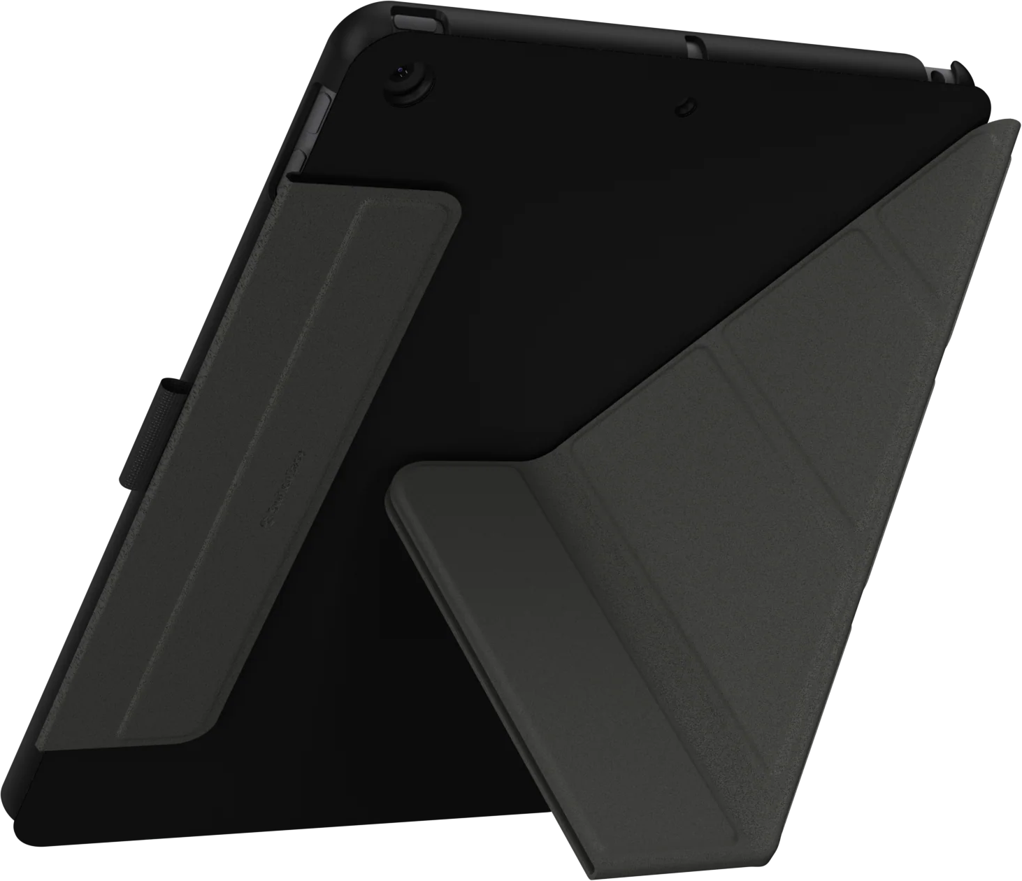 Egy tablet szürke tokban, a tok felhajtva, hogy fekete háttéren megtámassza.