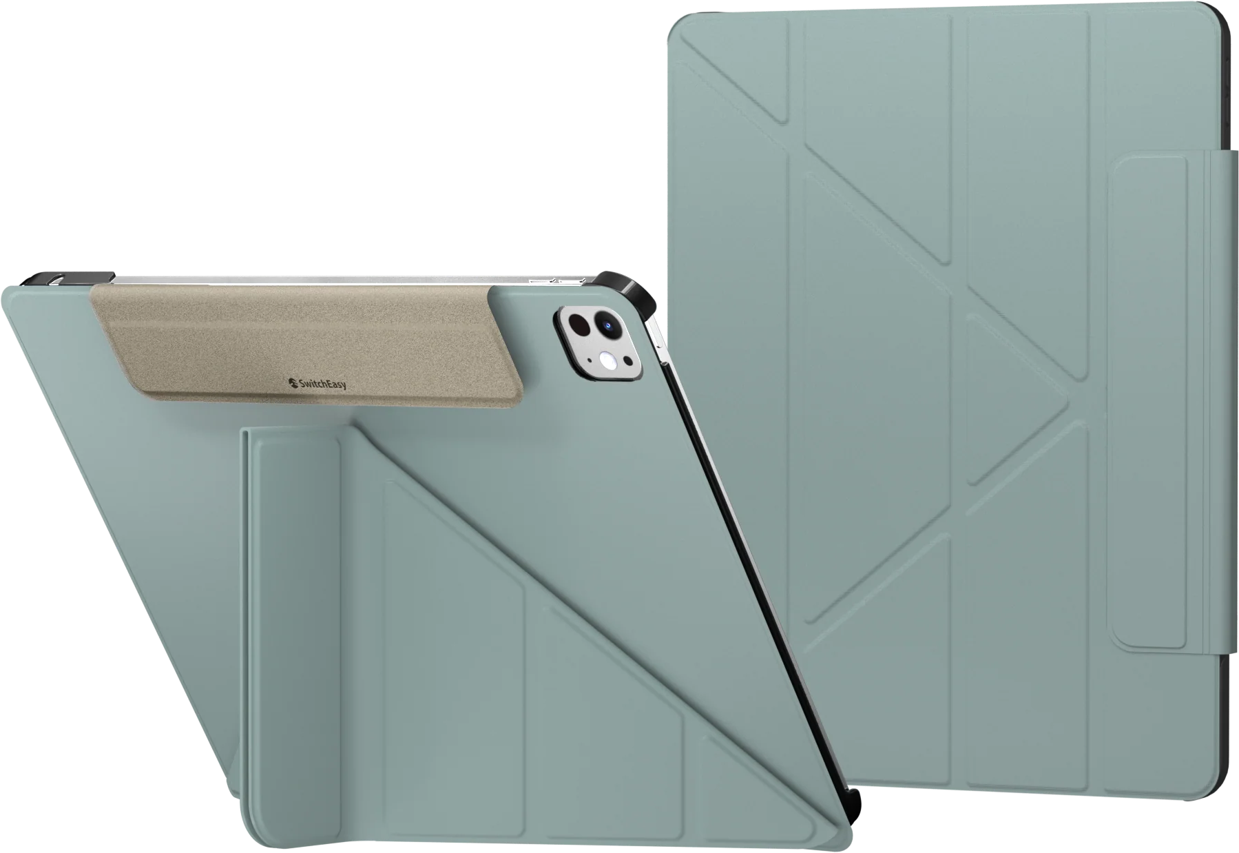 Világoszöld iPad tok. Egy zárt és egy nyitott tok állvánnyal. A tokon SwitchEasy logó van.