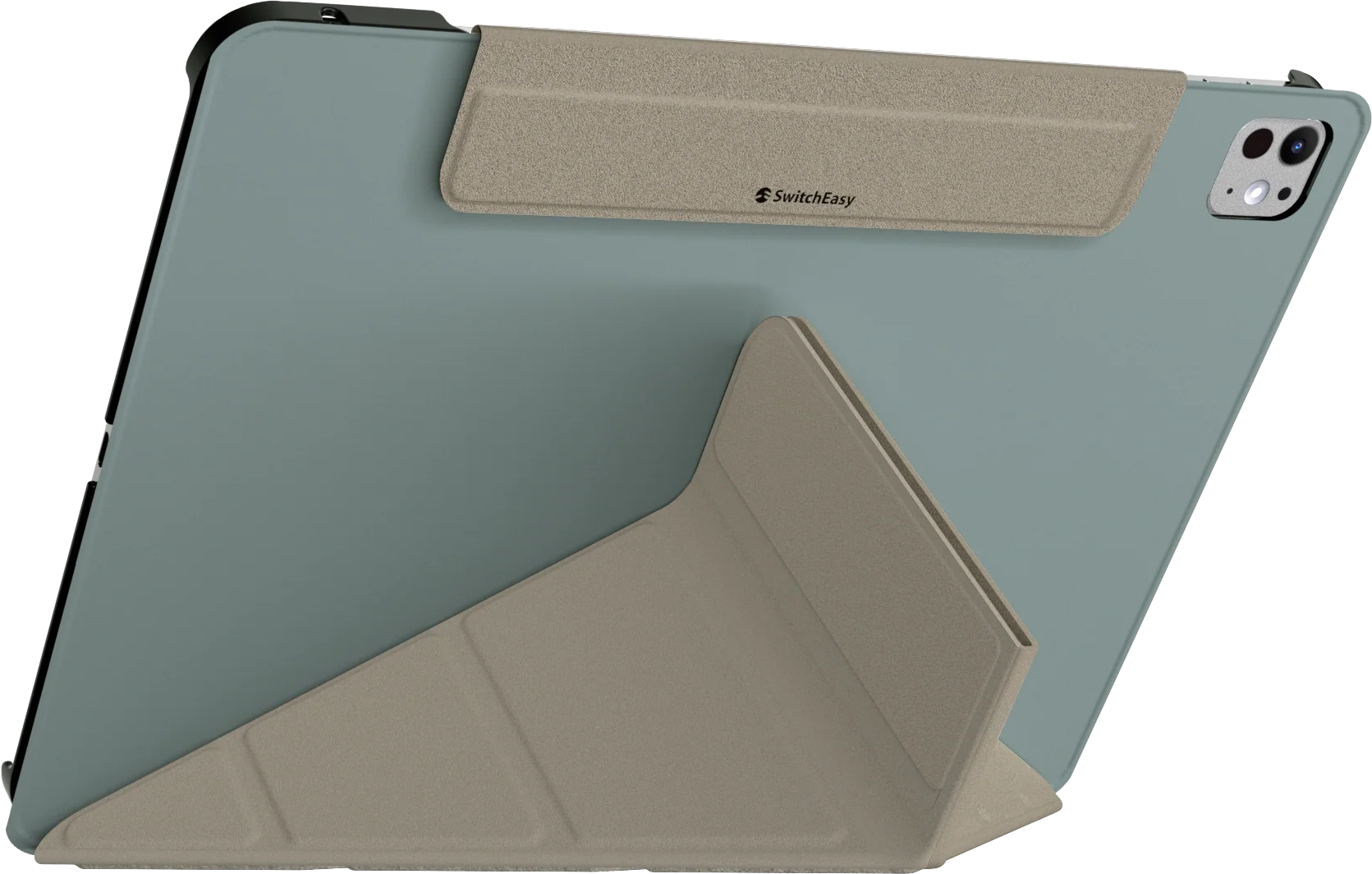 Egy iPad Pro egy tokban, egy állvánnyal megtámasztva. A tok világoszöld és bézs.