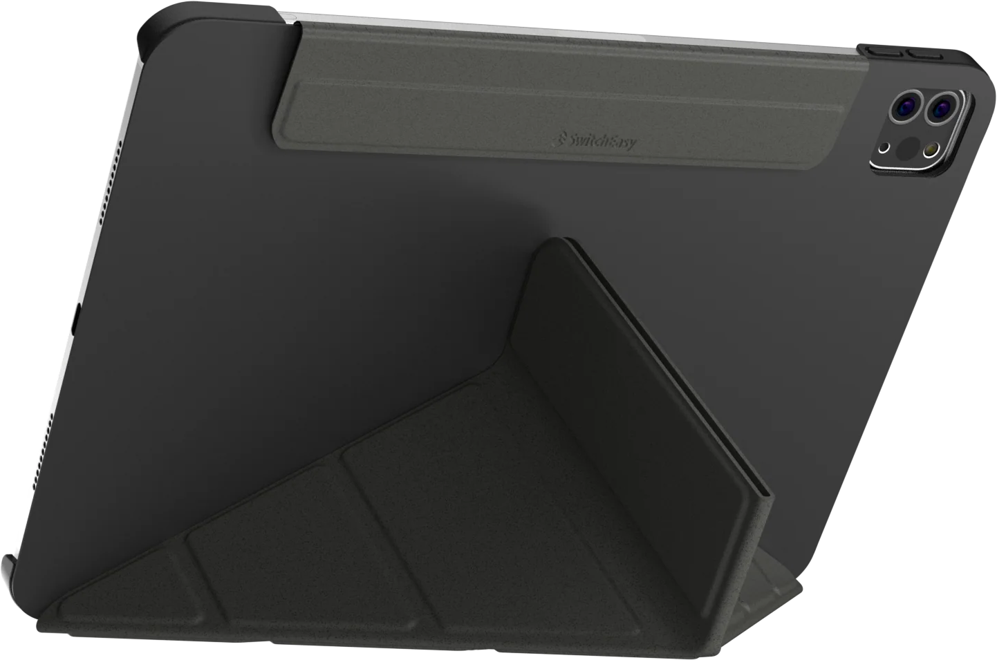 Fekete iPad sötétszürke tokban, a kitámasztón. A tokon SwitchEasy logó látható.