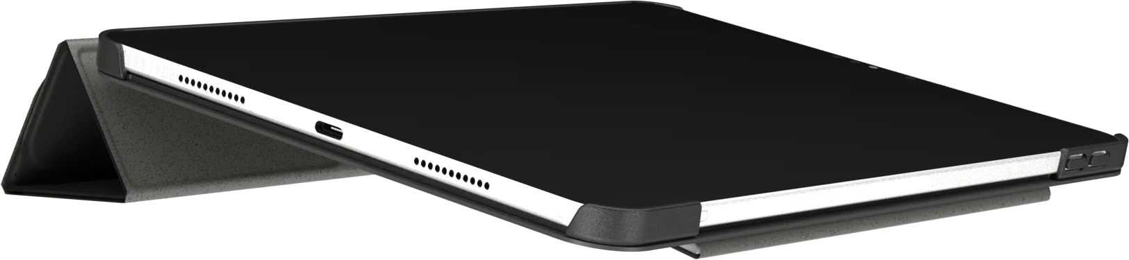 Tablet fekete tokkal, portokat és oldalsó nézetet mutatva.