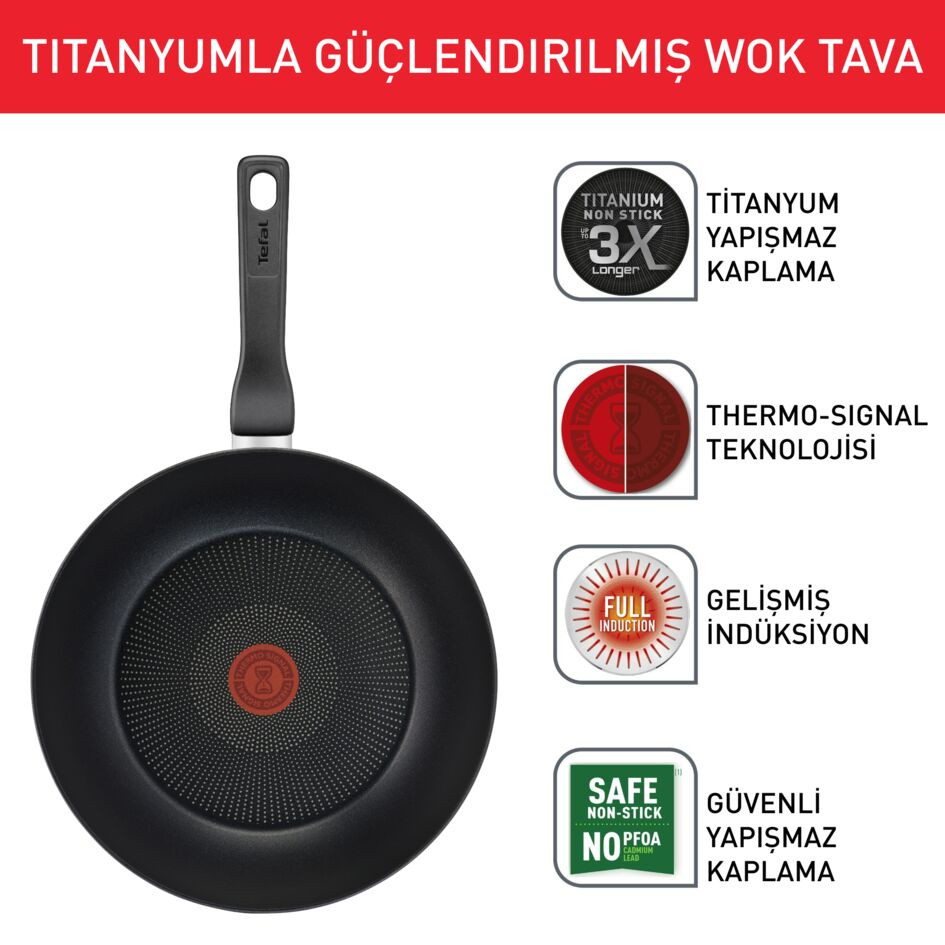Siyah saplı siyah kızartma tavası. Metin: Titanyum Yapışmaz, Titanyum Kaplama, Termo-sinyal Teknolojisi.