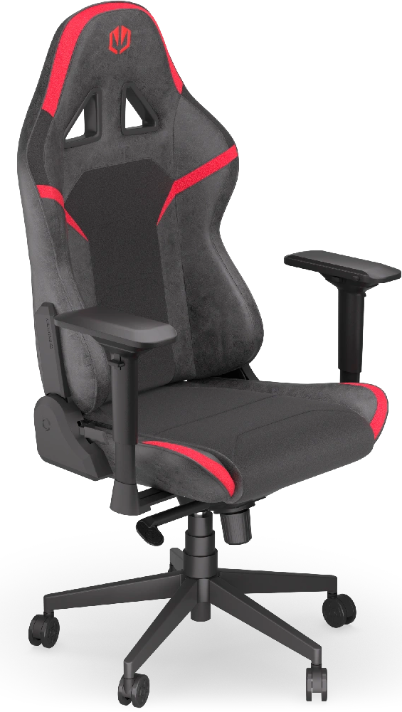 Egy fekete-piros gamer szék kartámaszokkal és fejtámlával fekete háttér előtt.